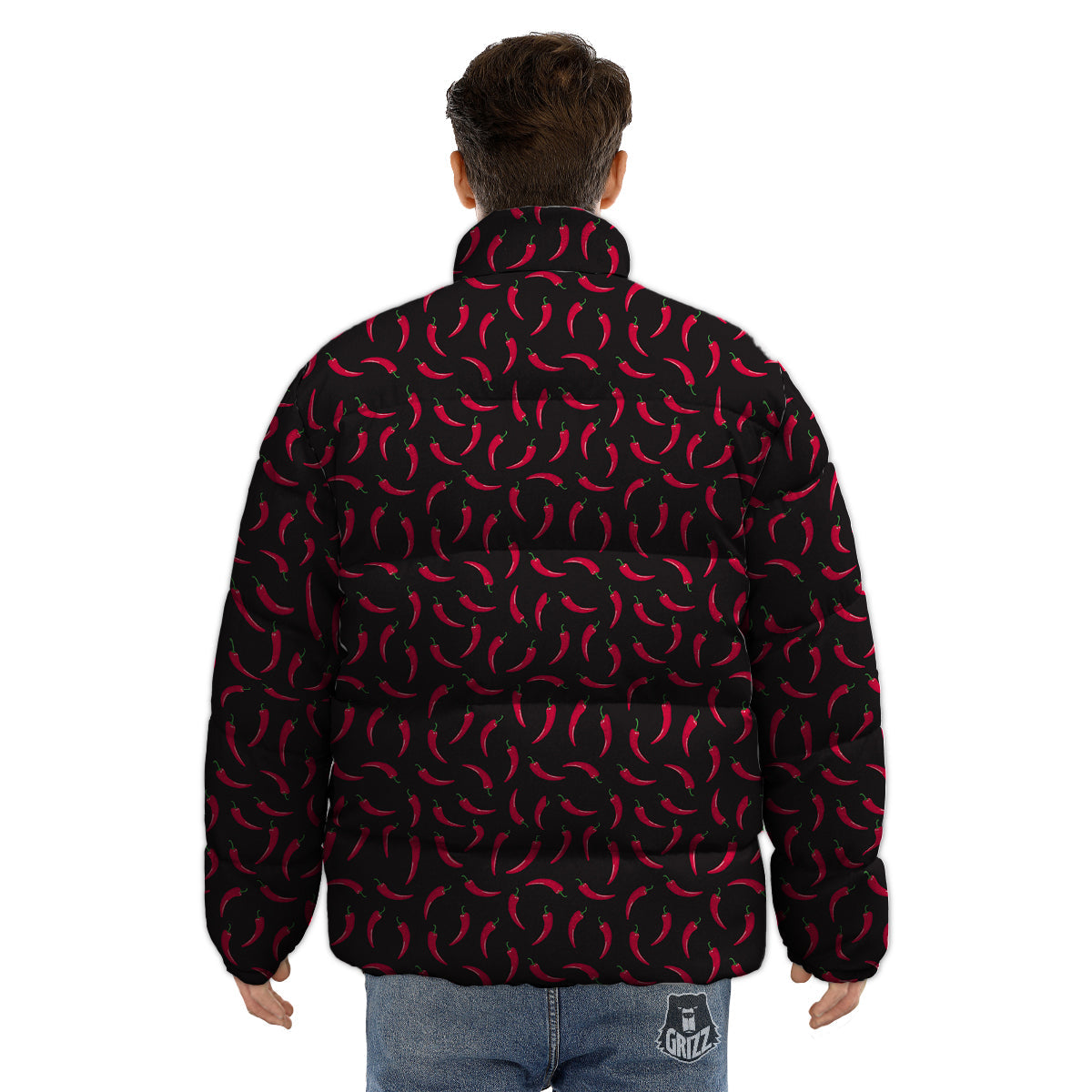 Black Chili Pepper Print Pattern Puffer Jacket-grizzshop