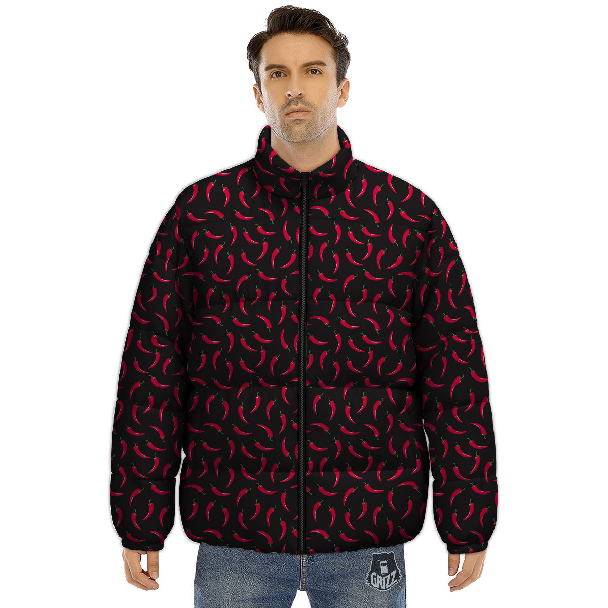 Black Chili Pepper Print Pattern Puffer Jacket-grizzshop