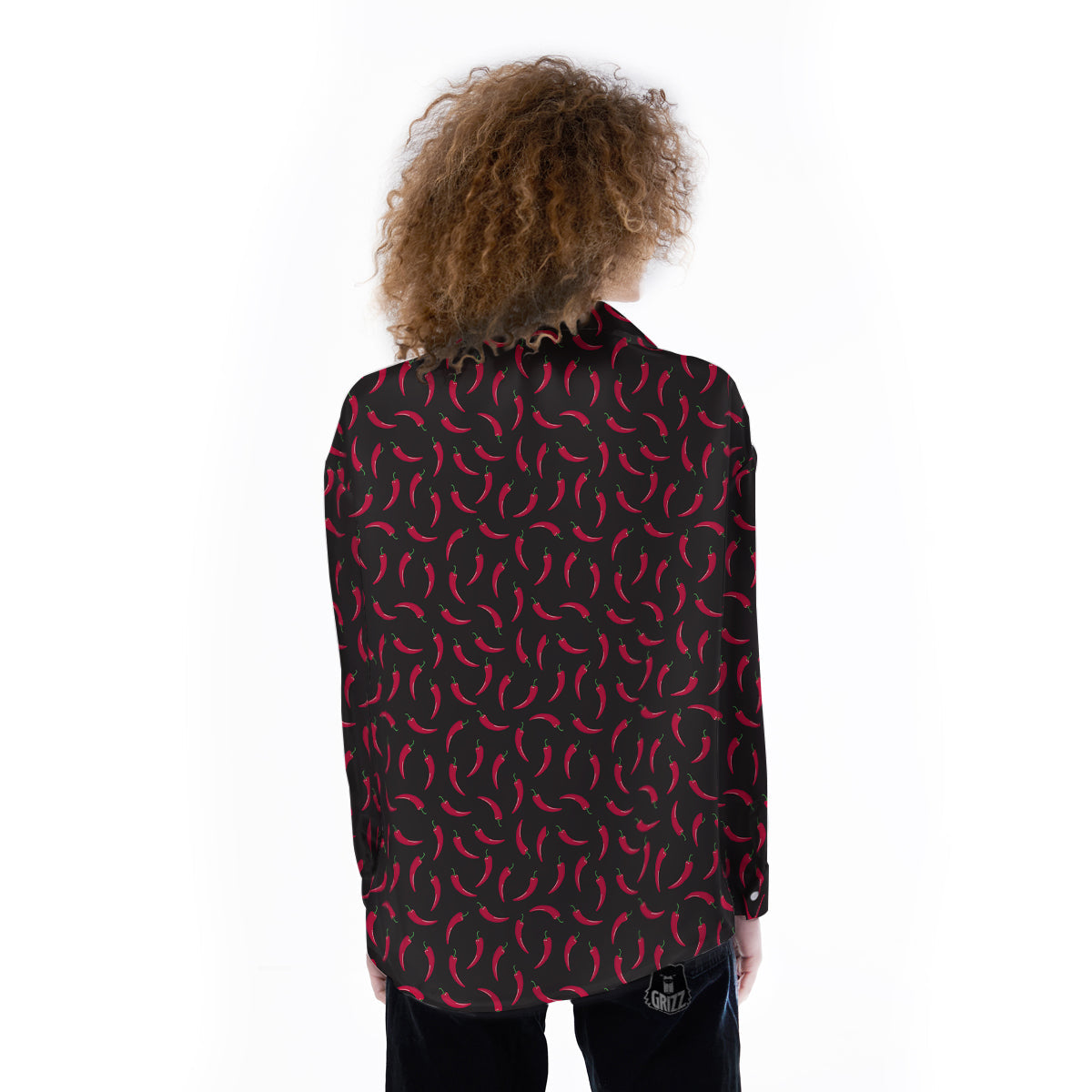 Black Chili Pepper Print Pattern Women's Long Sleeve Shirts-grizzshop