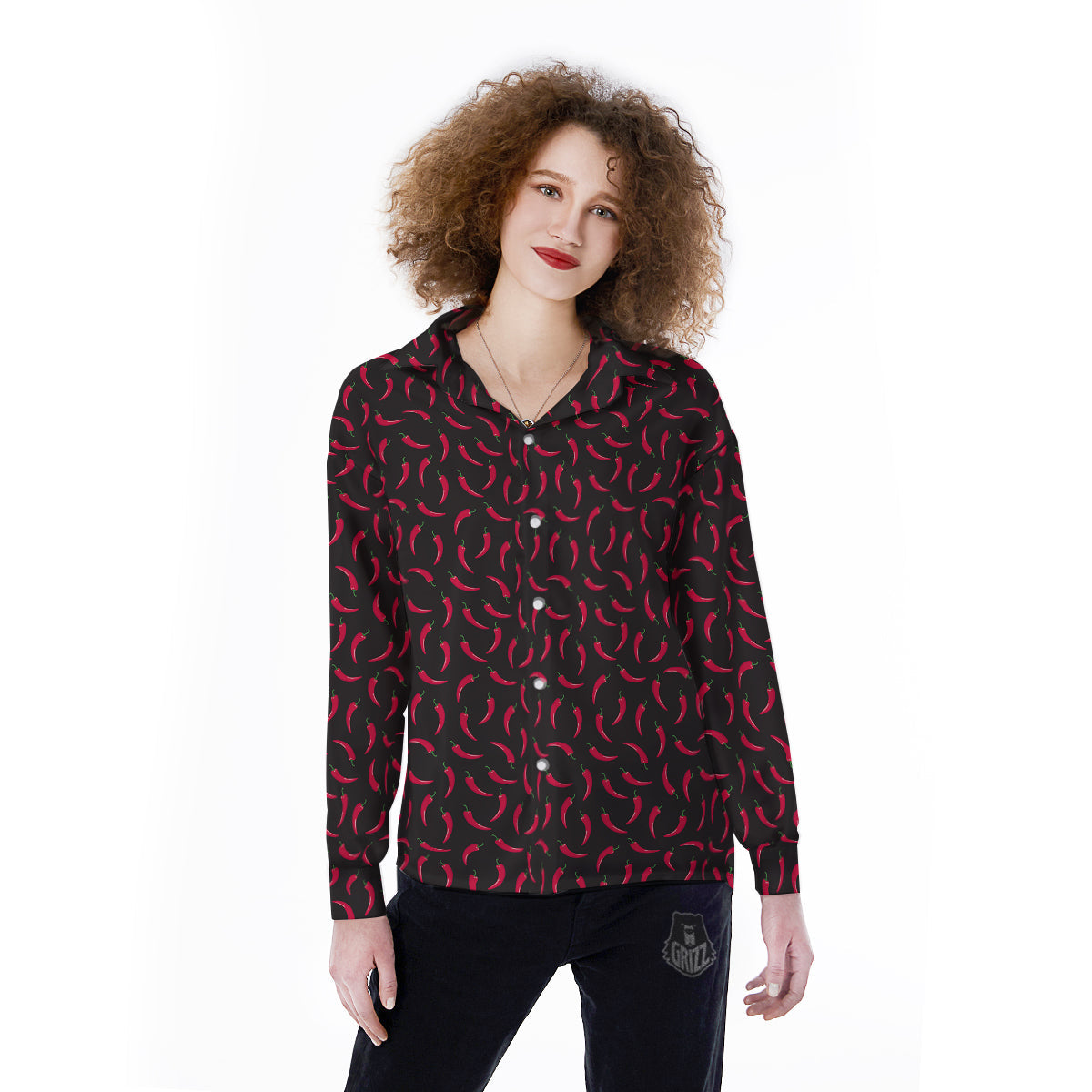 Black Chili Pepper Print Pattern Women's Long Sleeve Shirts-grizzshop