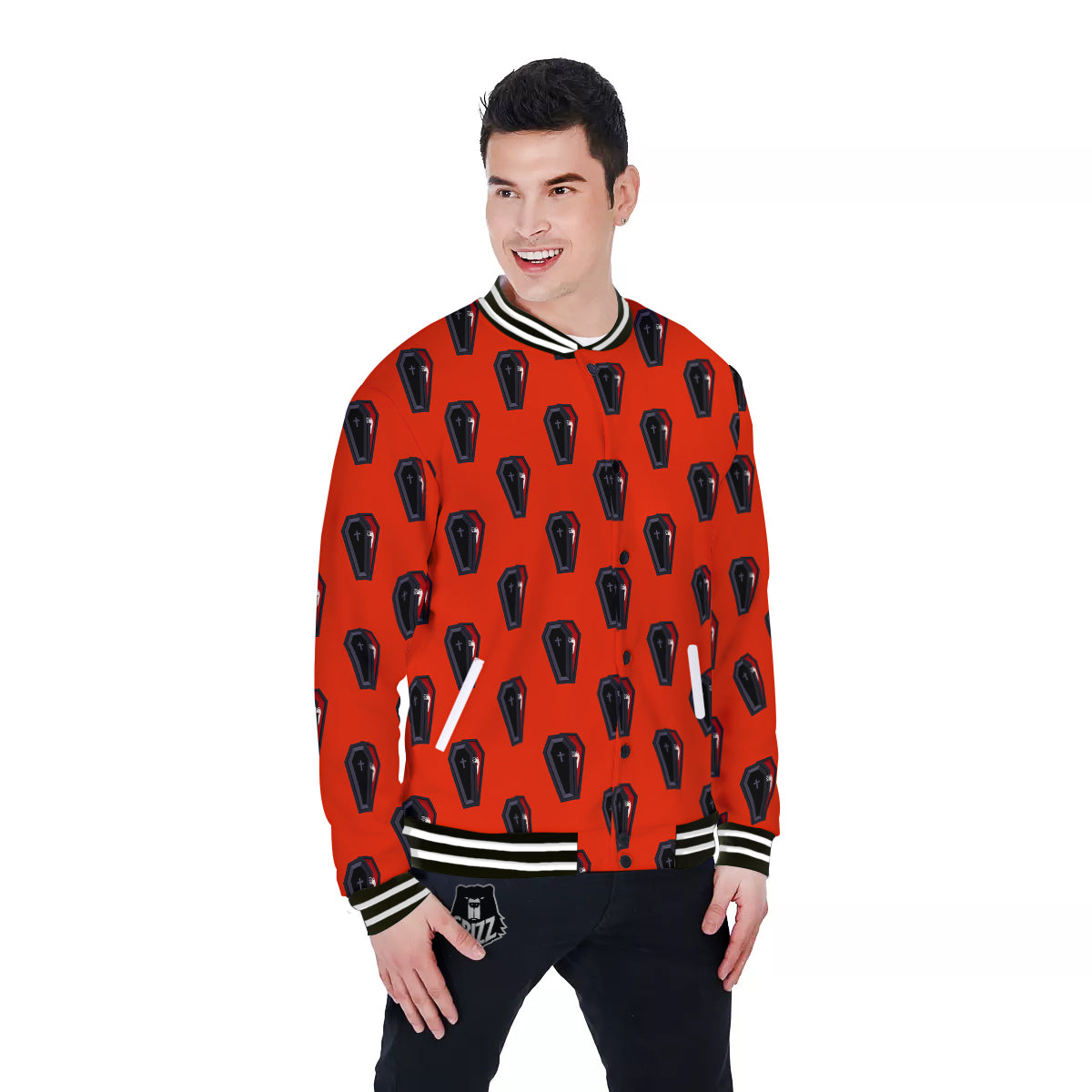Black Coffin Red Print Pattern Baseball Jacket-grizzshop