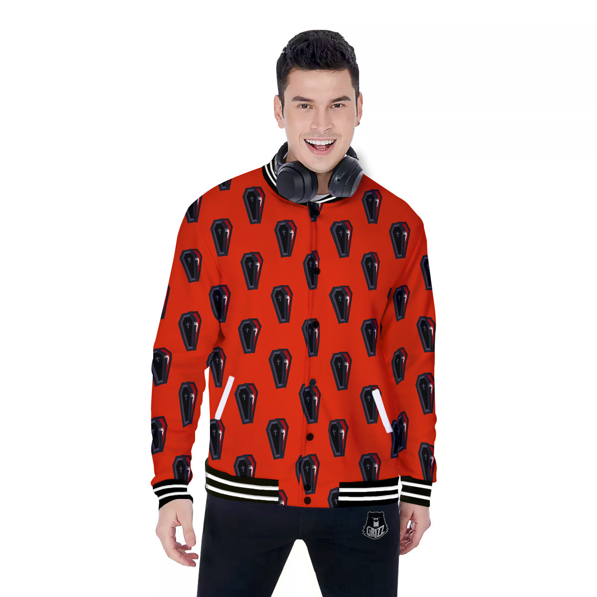 Black Coffin Red Print Pattern Baseball Jacket-grizzshop