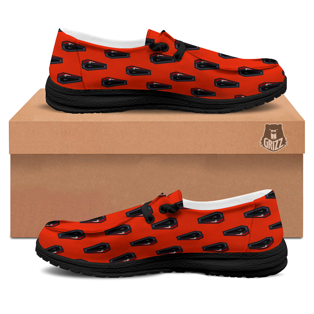 Black Coffin Red Print Pattern Black Loafers-grizzshop