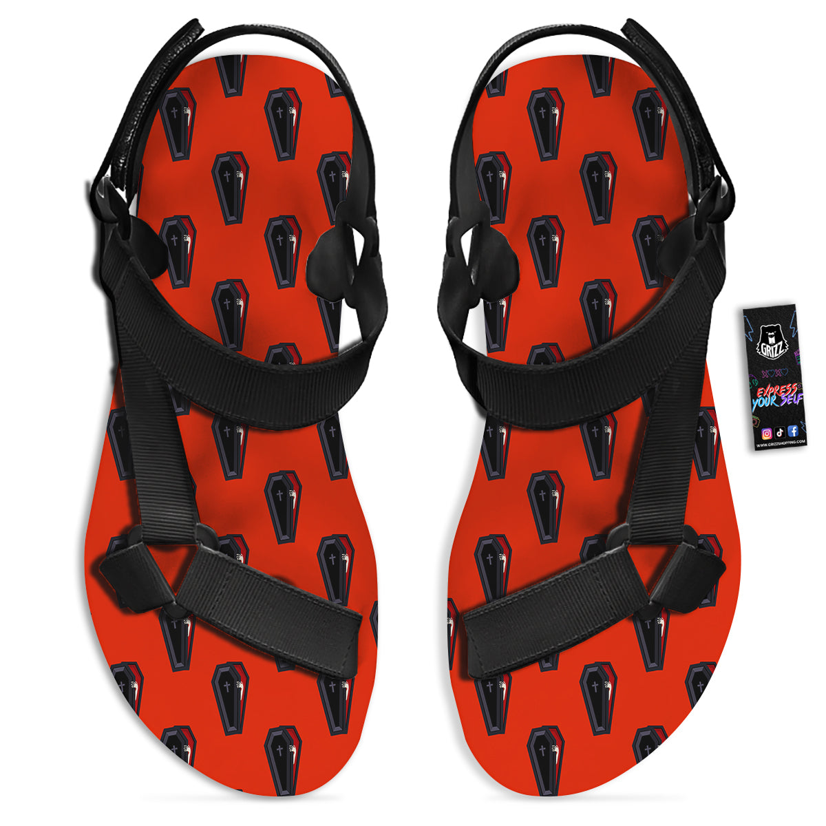 Black Coffin Red Print Pattern Black Open Toe Sandals-grizzshop