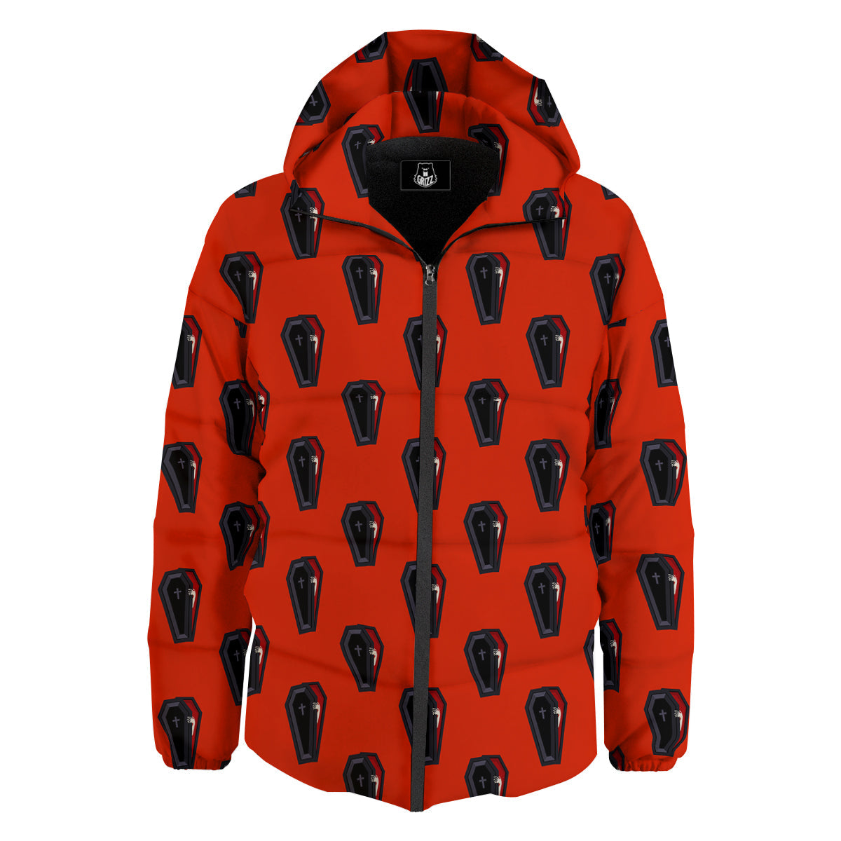 Black Coffin Red Print Pattern Down Jacket-grizzshop