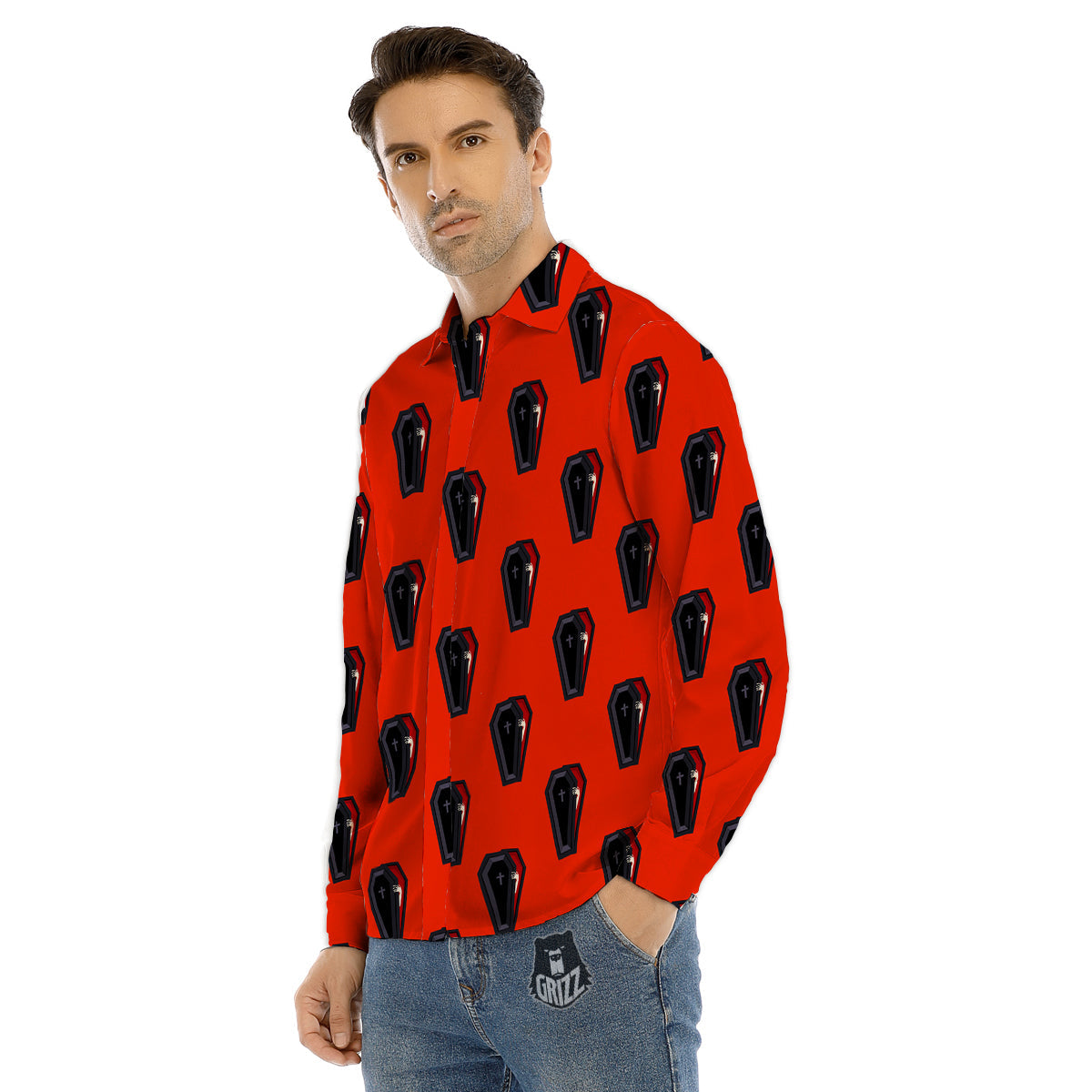 Black Coffin Red Print Pattern Men's Dress Shirts-grizzshop