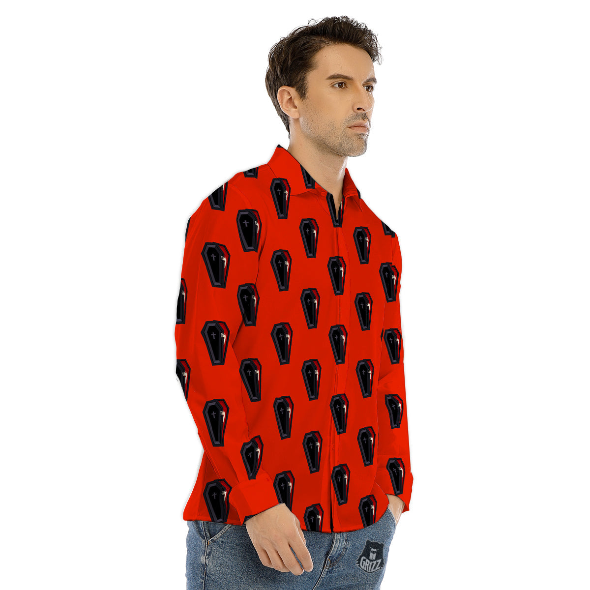 Black Coffin Red Print Pattern Men's Dress Shirts-grizzshop