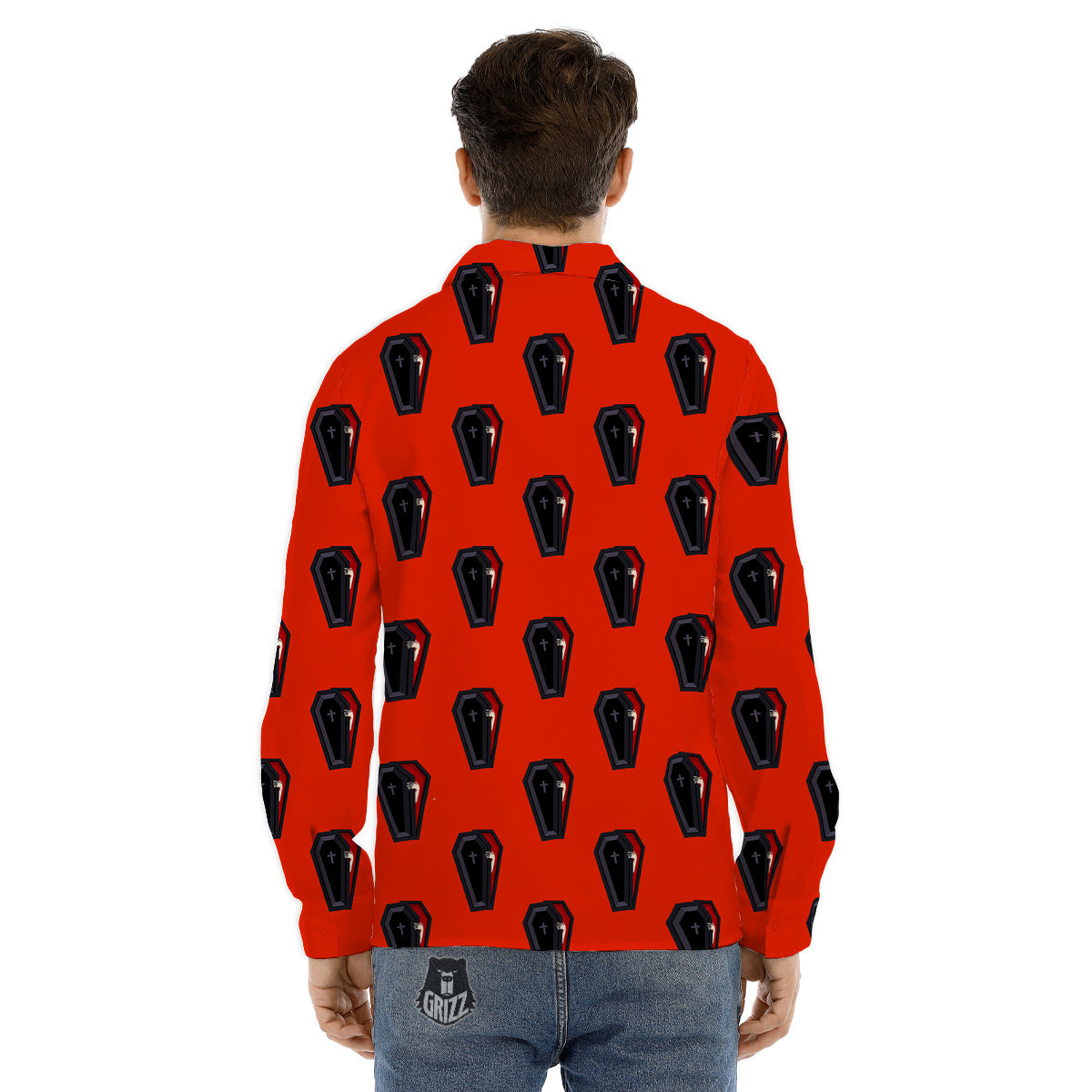 Black Coffin Red Print Pattern Men's Dress Shirts-grizzshop
