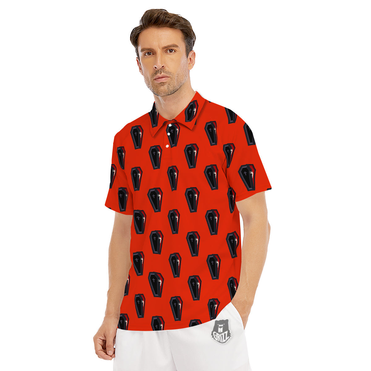 Black Coffin Red Print Pattern Men's Golf Shirts-grizzshop