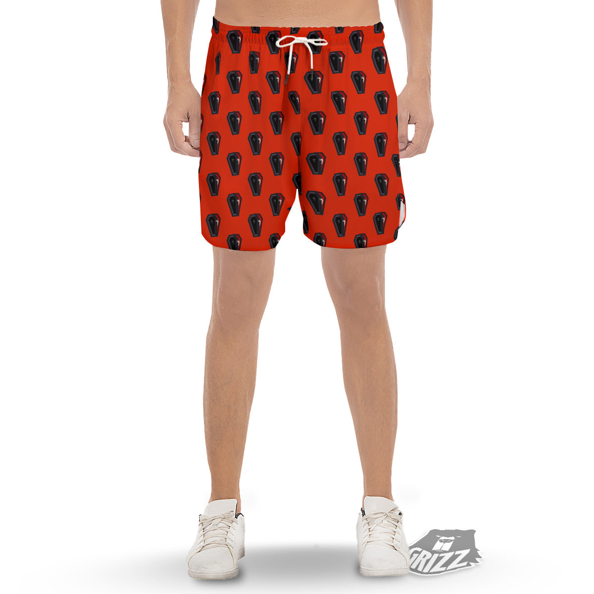 Black Coffin Red Print Pattern Men's Gym Shorts-grizzshop