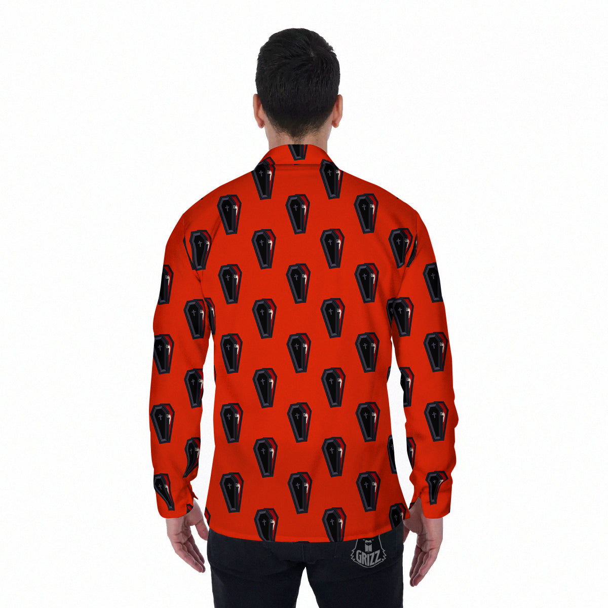 Black Coffin Red Print Pattern Men's Long Sleeve Shirts-grizzshop