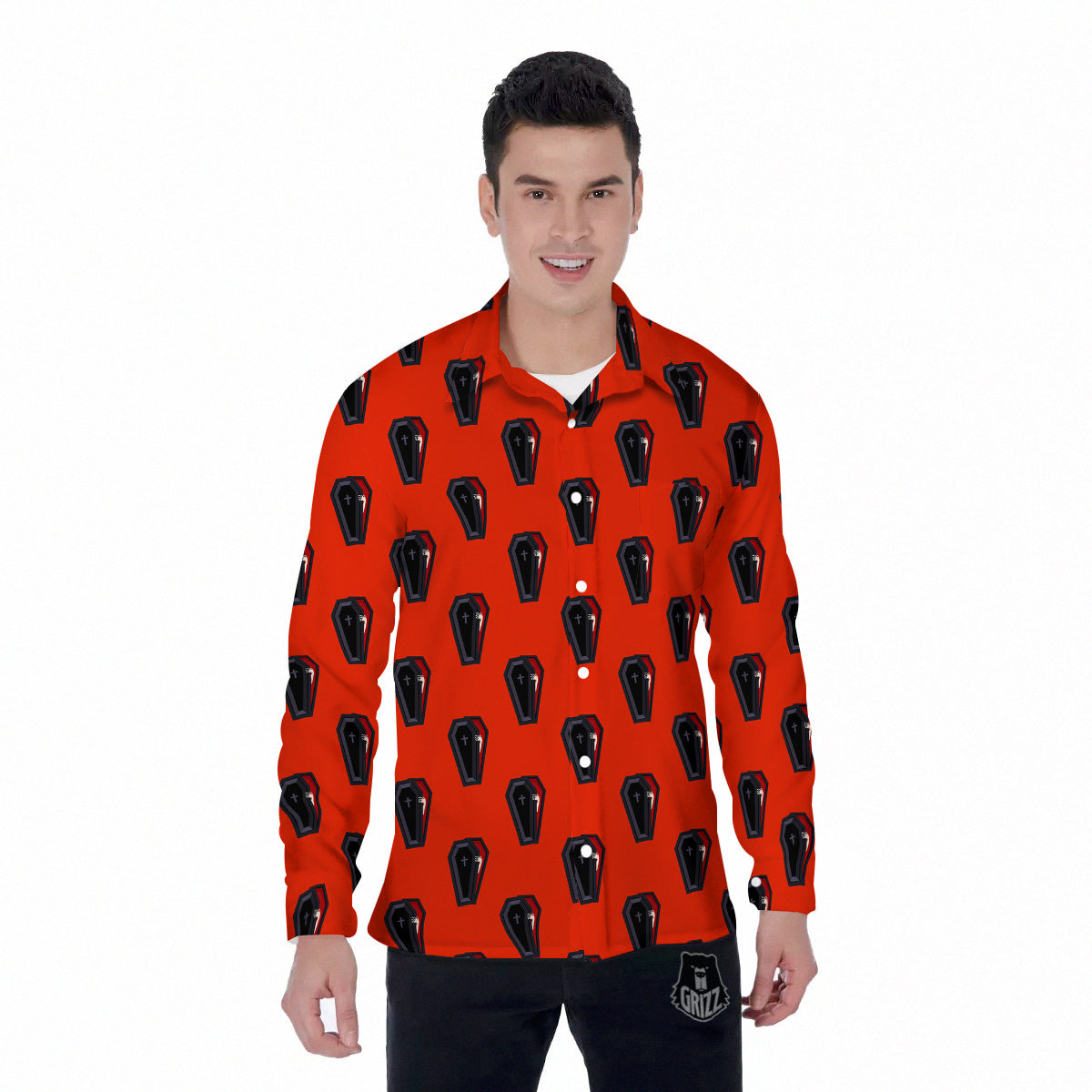 Black Coffin Red Print Pattern Men's Long Sleeve Shirts-grizzshop