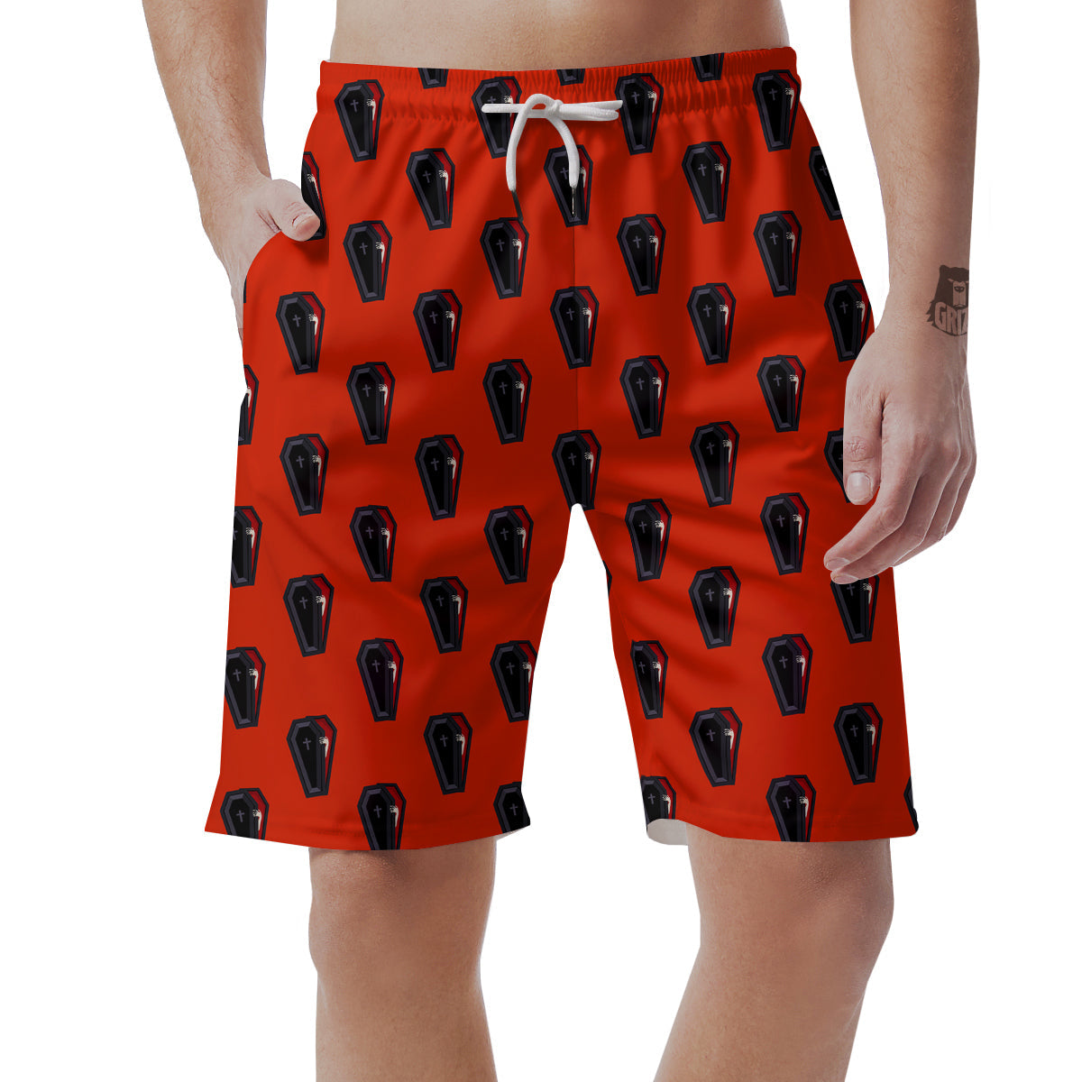 Black Coffin Red Print Pattern Men's Shorts-grizzshop