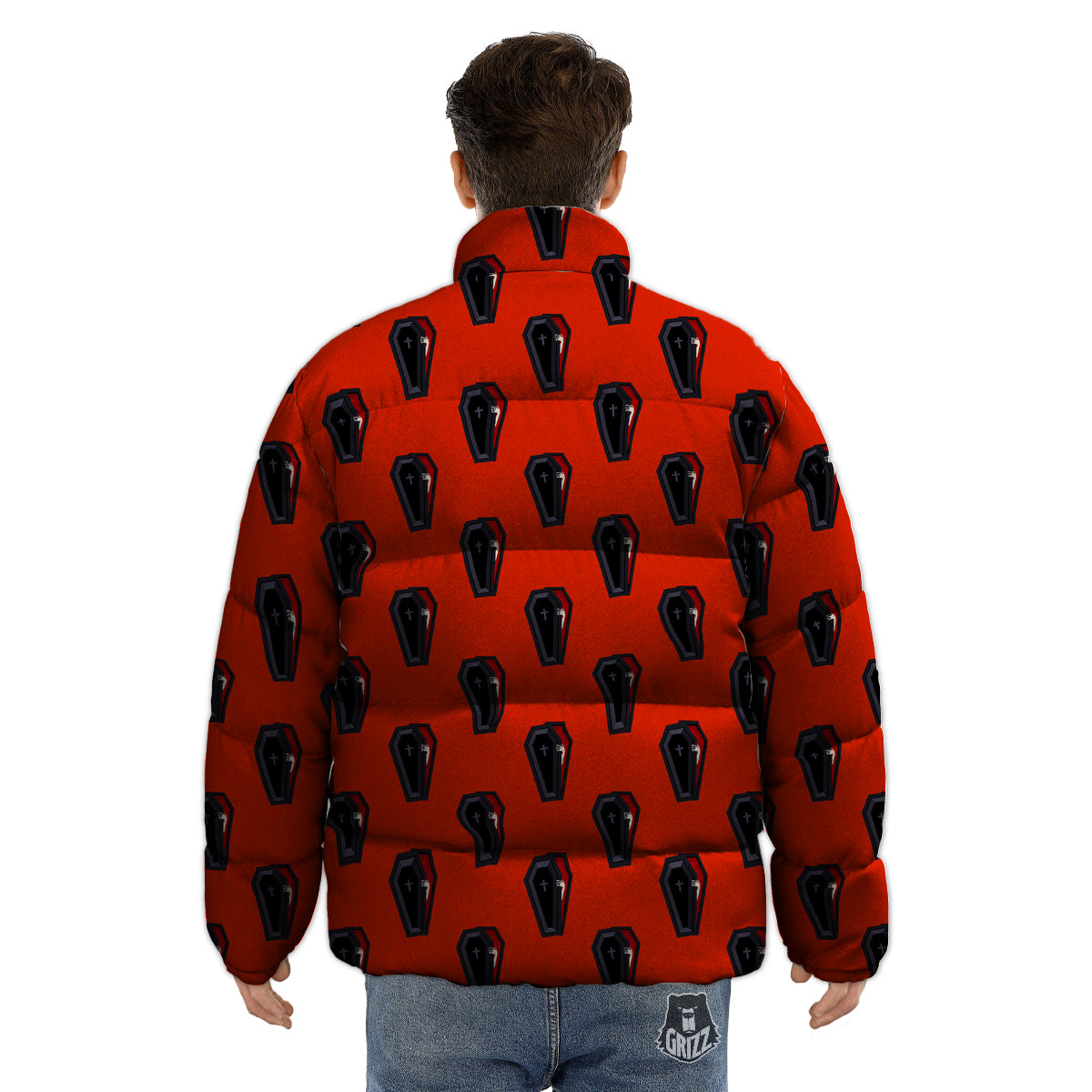 Black Coffin Red Print Pattern Puffer Jacket-grizzshop