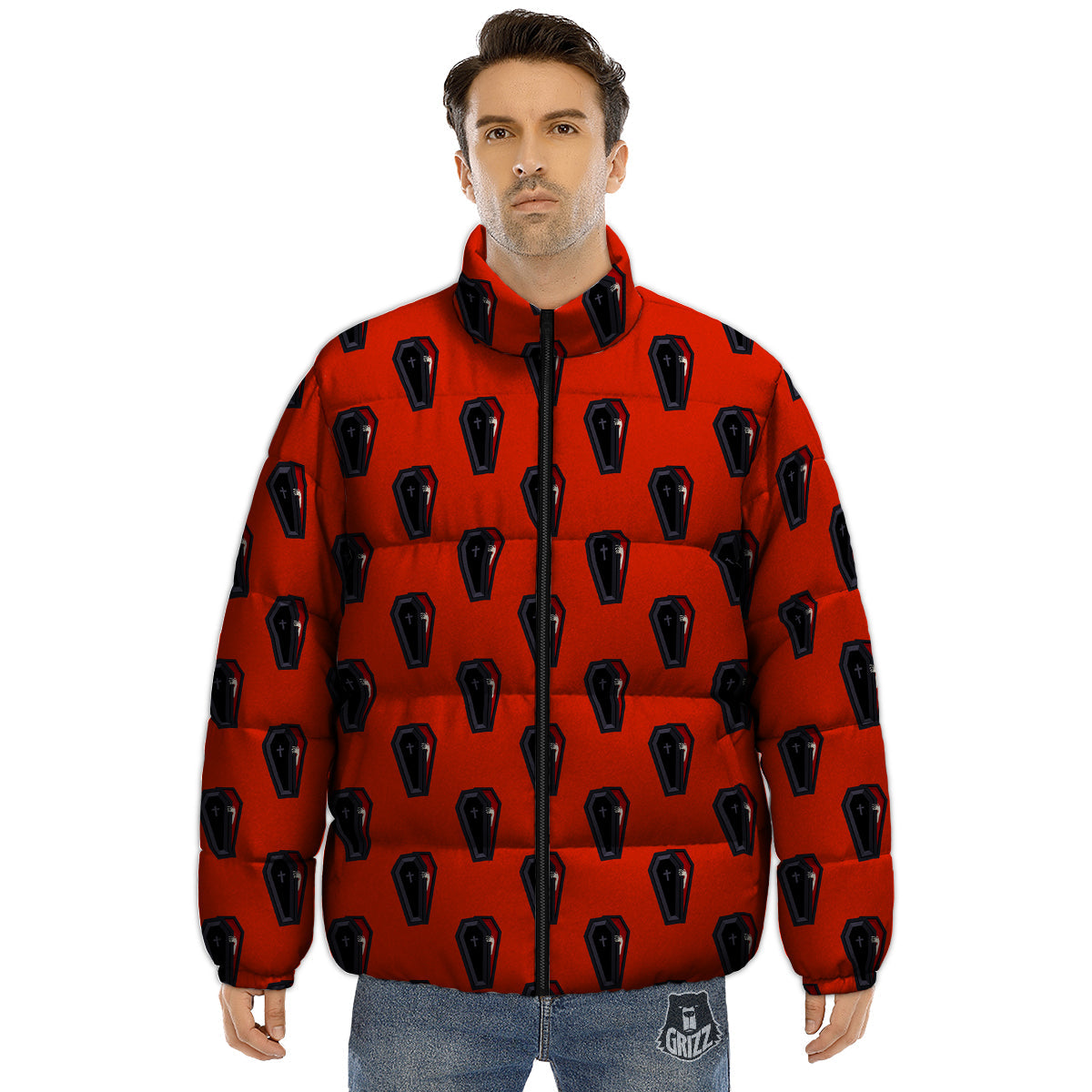 Black Coffin Red Print Pattern Puffer Jacket-grizzshop