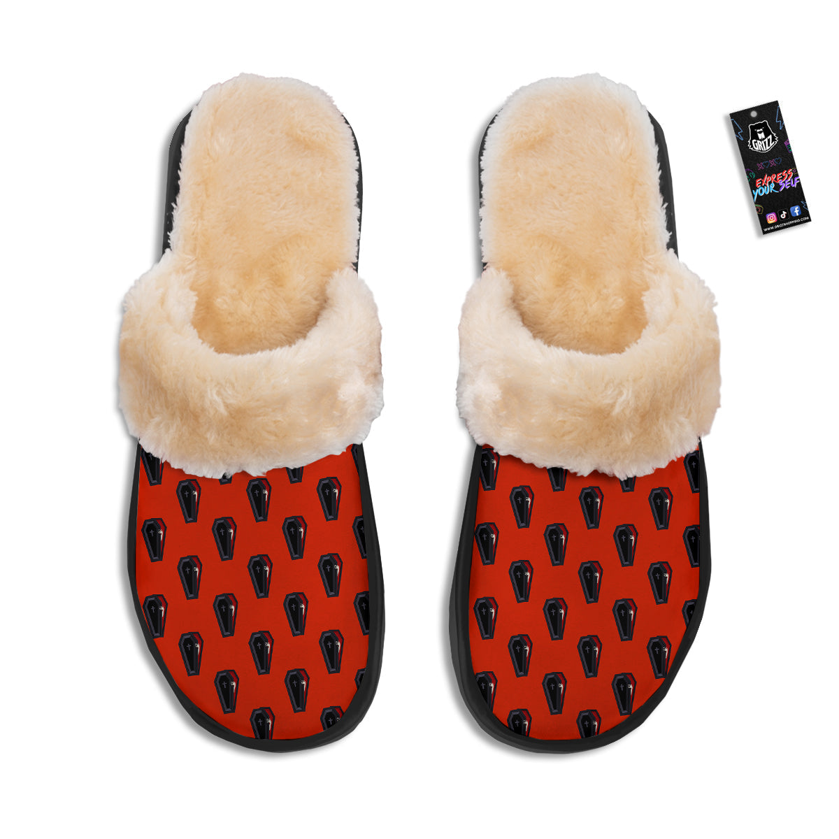 Black Coffin Red Print Pattern Slippers-grizzshop