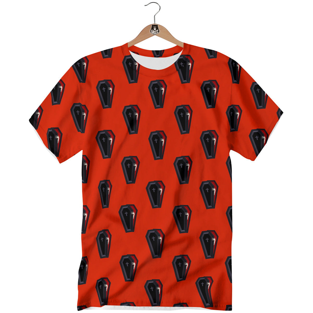 Black Coffin Red Print Pattern T-Shirt-grizzshop