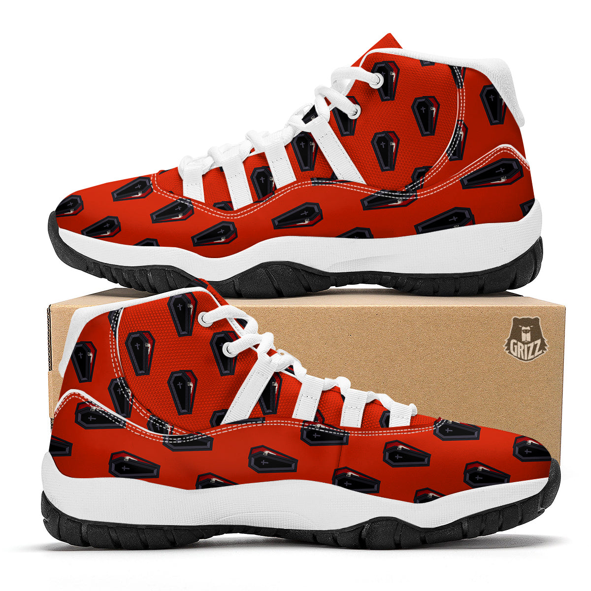 Black Coffin Red Print Pattern White Bball Shoes-grizzshop
