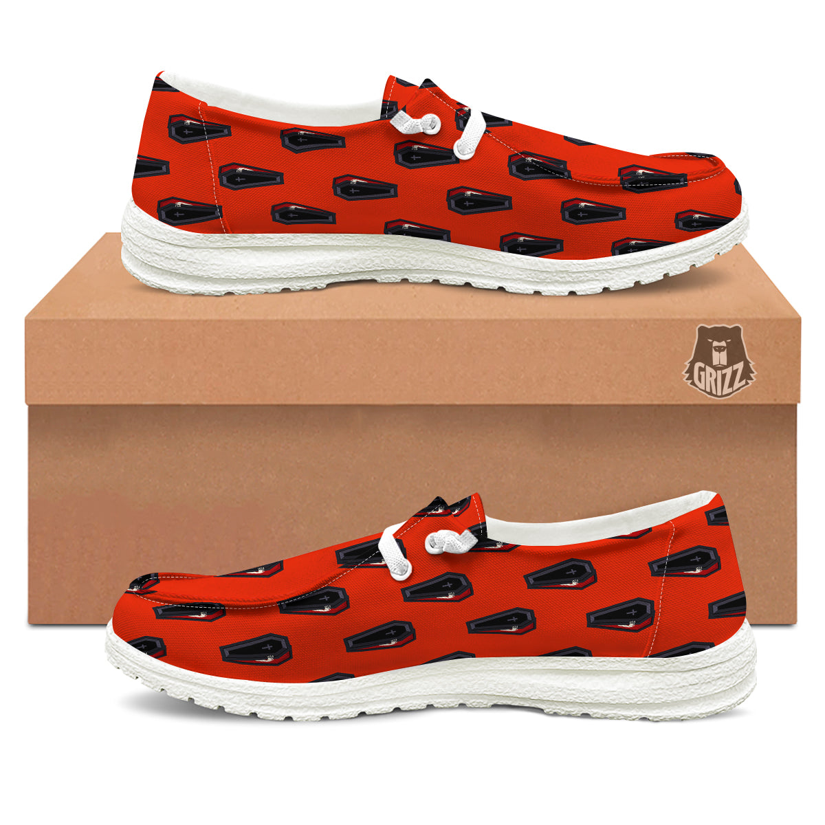 Black Coffin Red Print Pattern White Loafers-grizzshop