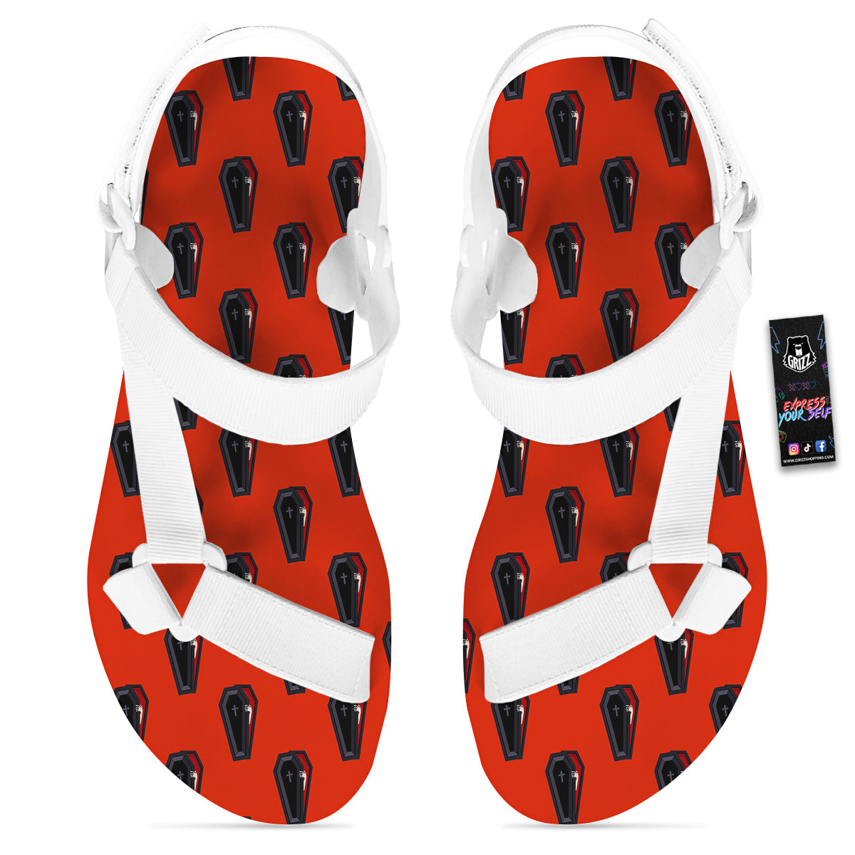 Black Coffin Red Print Pattern White Open Toe Sandals-grizzshop