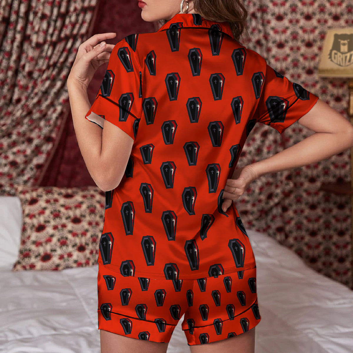 Black Coffin Red Print Pattern Women Silk Pajamas-grizzshop