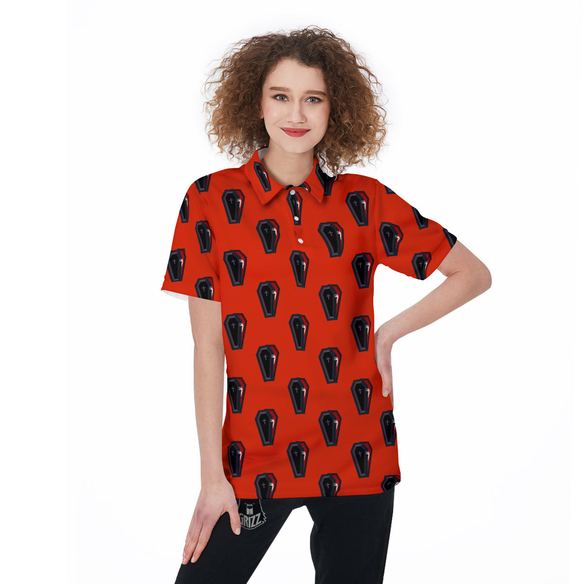 Black Coffin Red Print Pattern Women's Golf Shirts-grizzshop