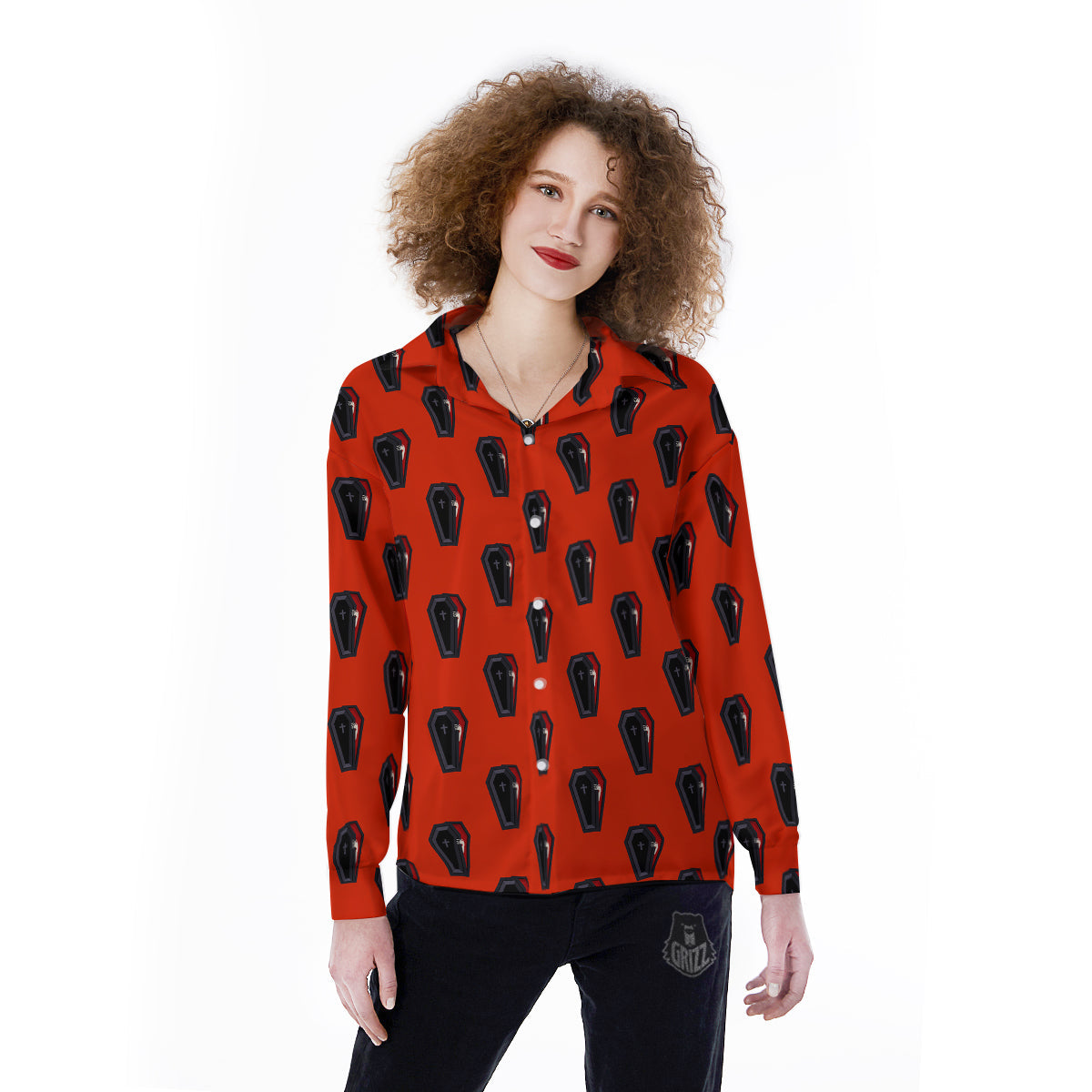 Black Coffin Red Print Pattern Women's Long Sleeve Shirts-grizzshop