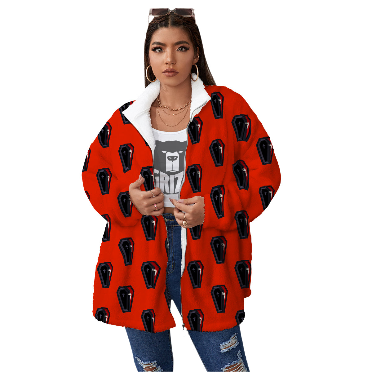 Black Coffin Red Print Pattern Women's Sherpa Jacket-grizzshop