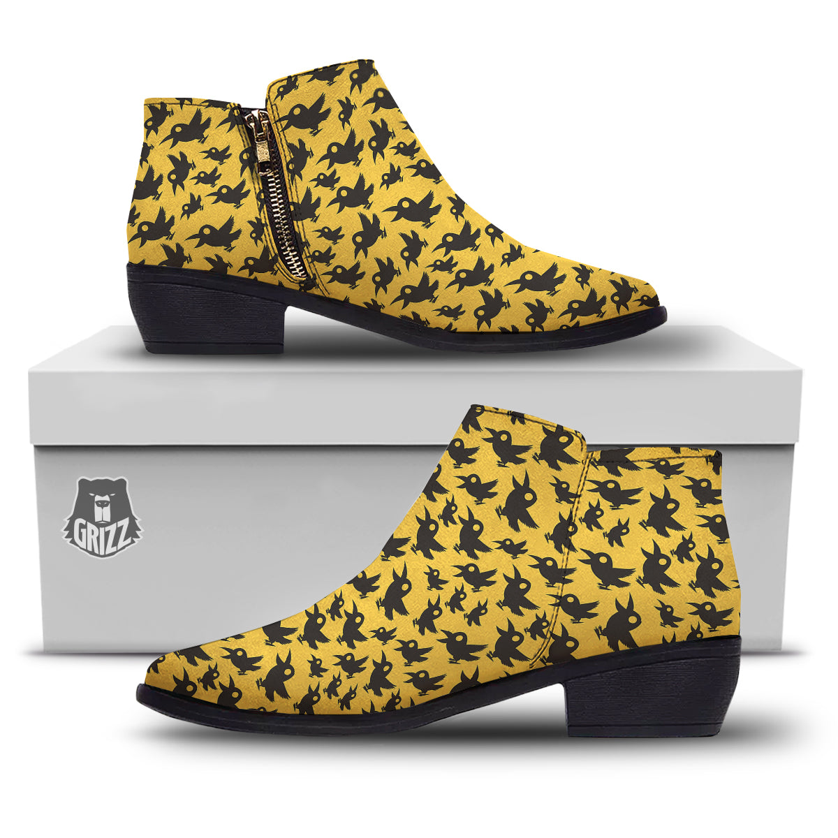 Black Crow Yellow Print Pattern Ankle Boots-grizzshop