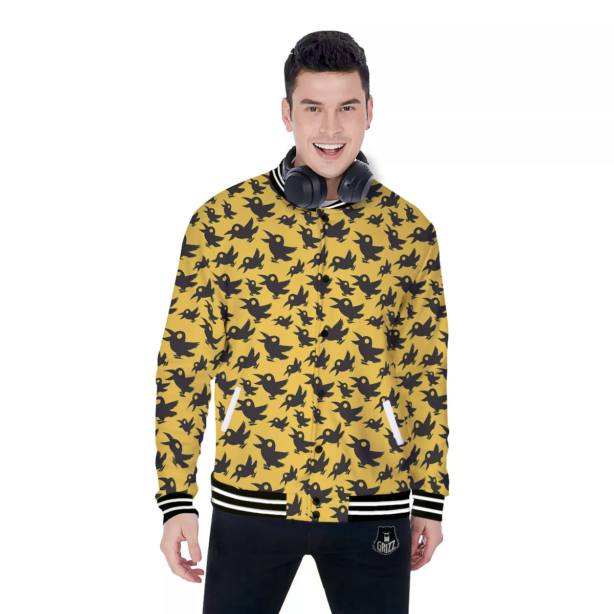 Black Crow Yellow Print Pattern Baseball Jacket-grizzshop