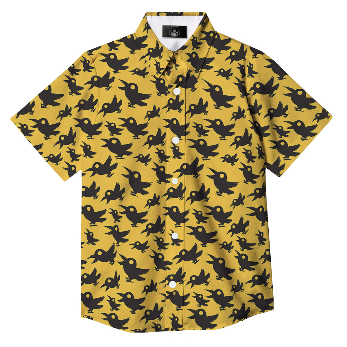 Black Crow Yellow Print Pattern Button Up Shirt-grizzshop