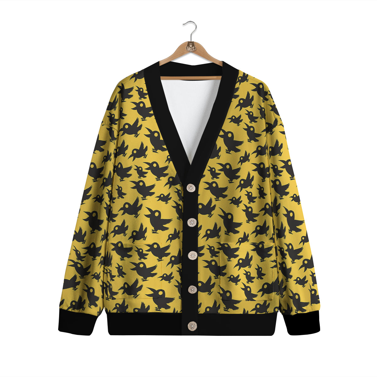 Black Crow Yellow Print Pattern Cardigan-grizzshop