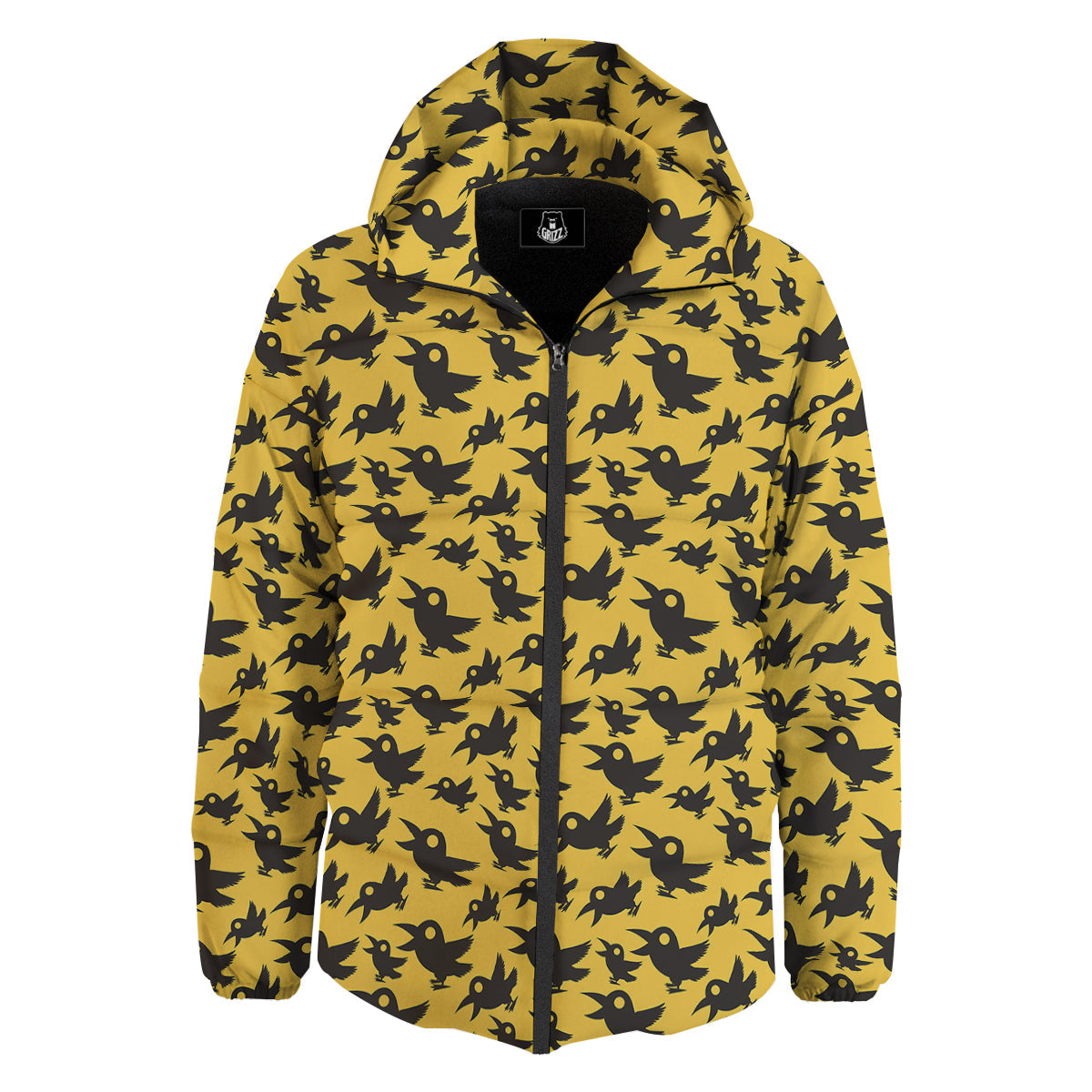 Black Crow Yellow Print Pattern Down Jacket-grizzshop