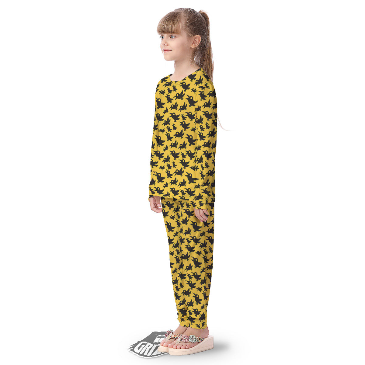 Black Crow Yellow Print Pattern Kid's Pajamas-grizzshop