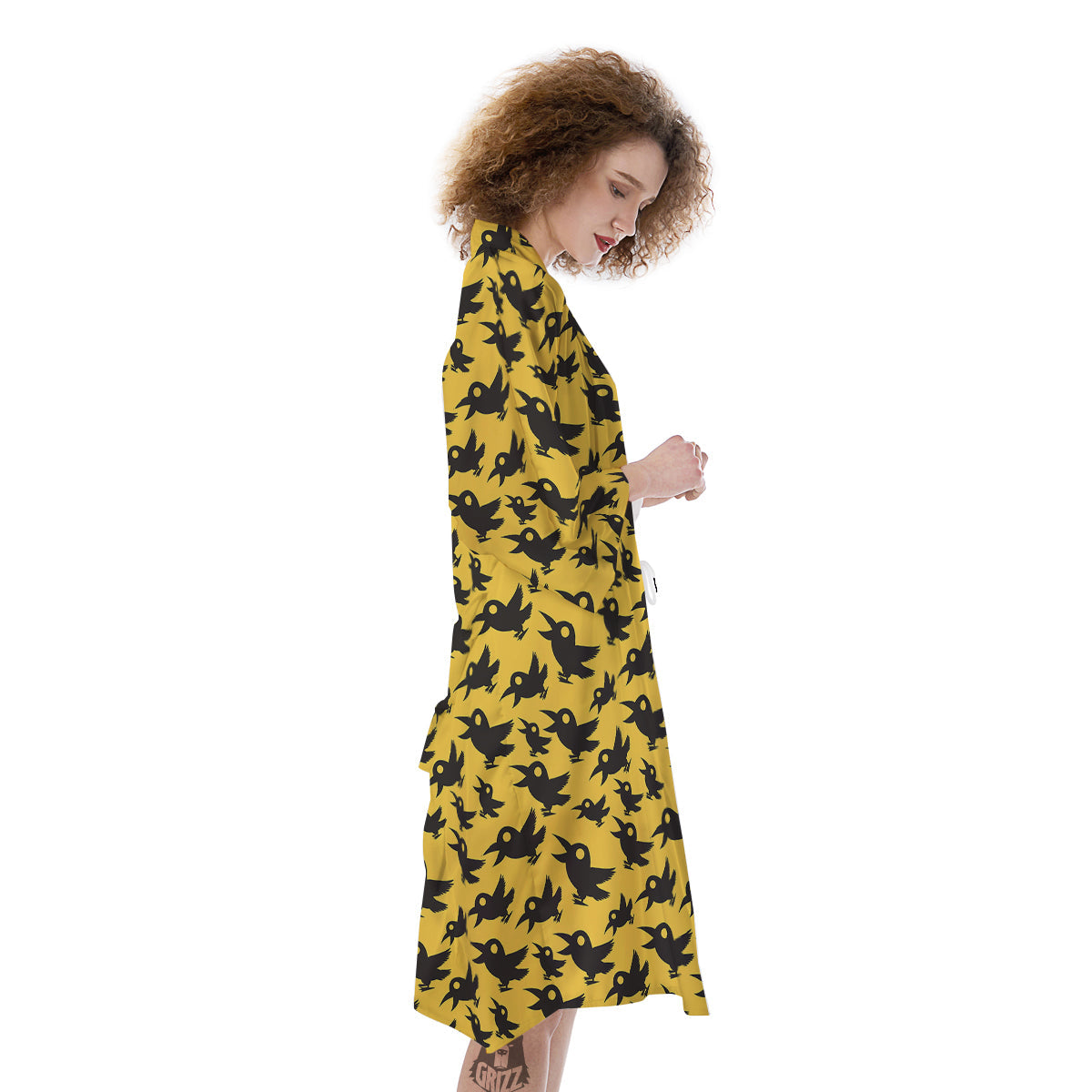 Black Crow Yellow Print Pattern Kimono-grizzshop