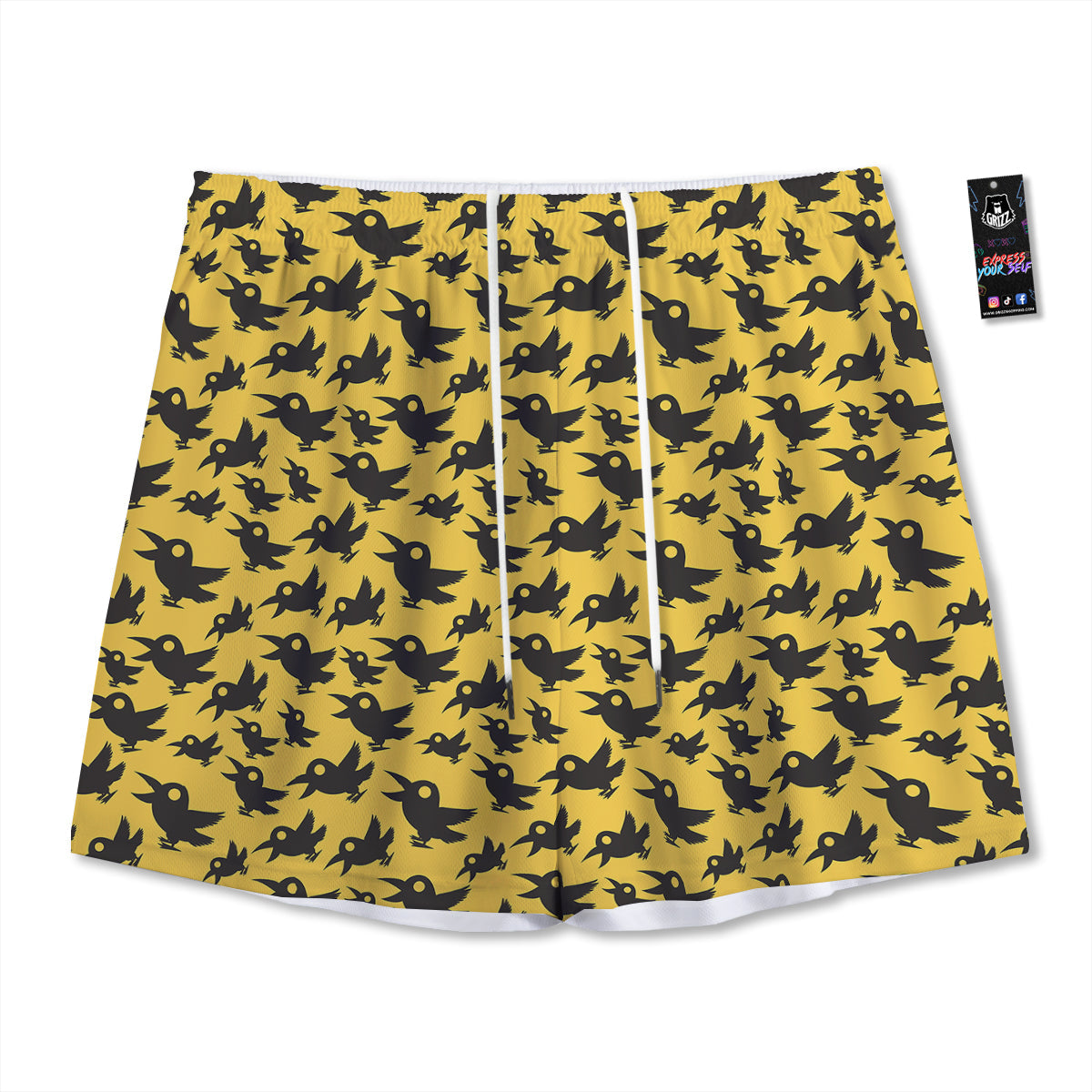 Black Crow Yellow Print Pattern Mesh Shorts-grizzshop