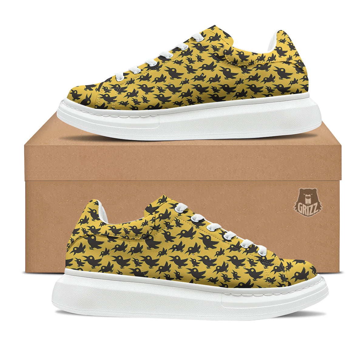 Black Crow Yellow Print Pattern Platform Shoes-grizzshop