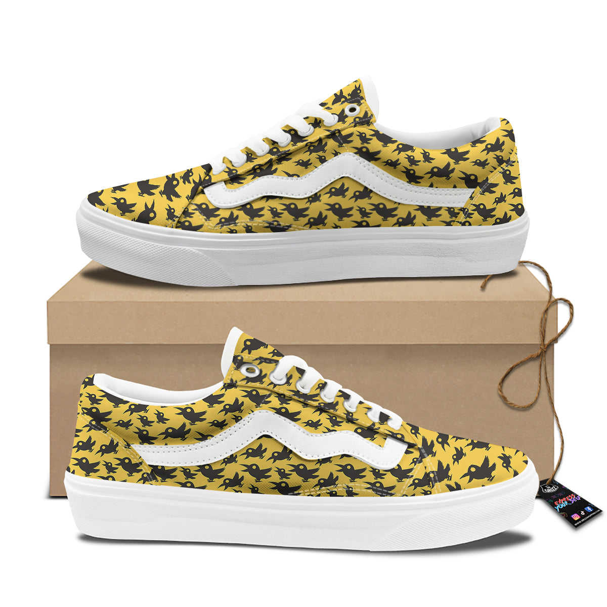 Black Crow Yellow Print Pattern Skate Shoes-grizzshop