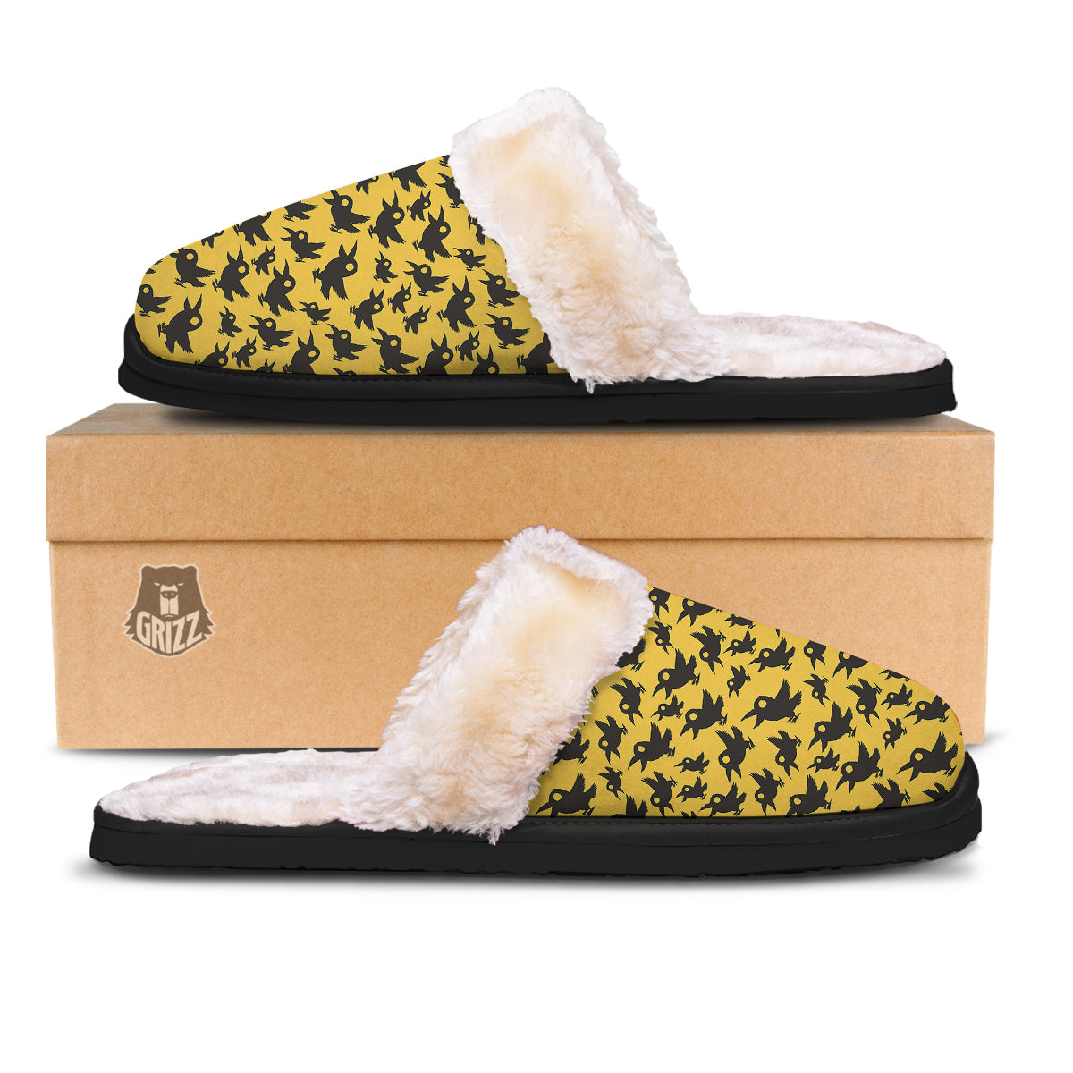 Black Crow Yellow Print Pattern Slippers-grizzshop
