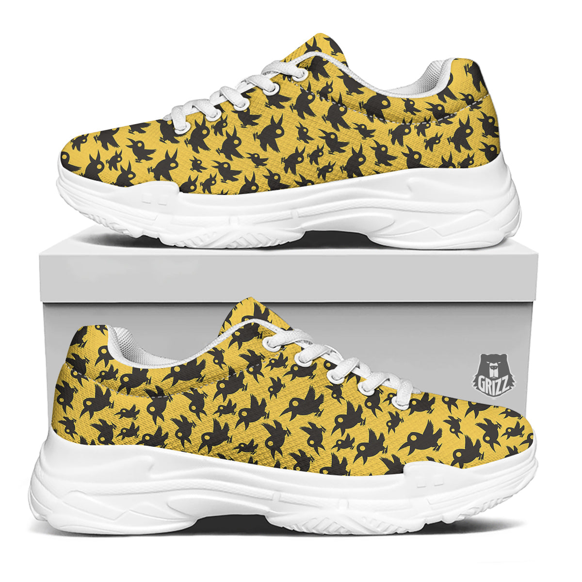Black Crow Yellow Print Pattern White Chunky Shoes-grizzshop