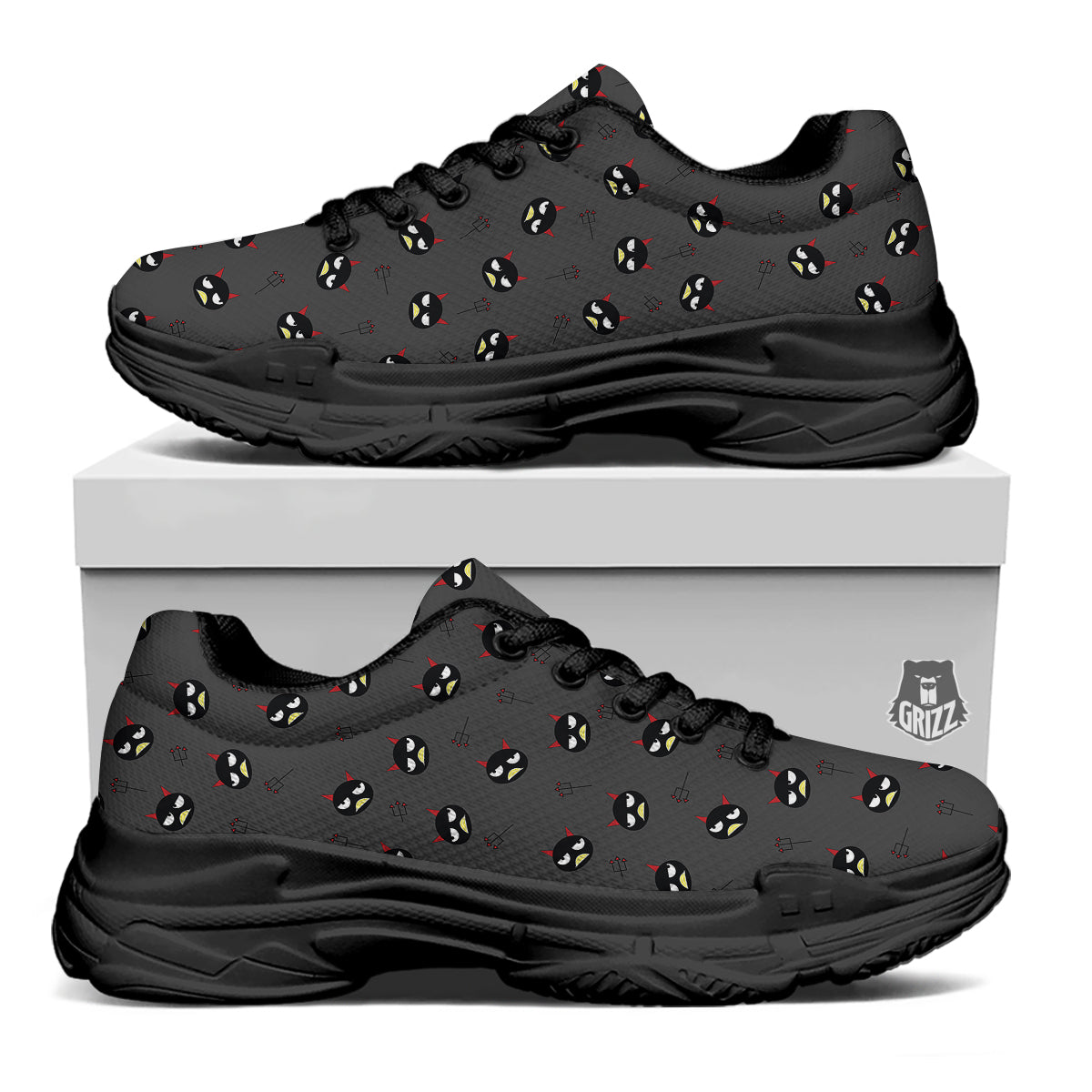 Black Demon Cartoon Print Pattern Black Chunky Shoes-grizzshop