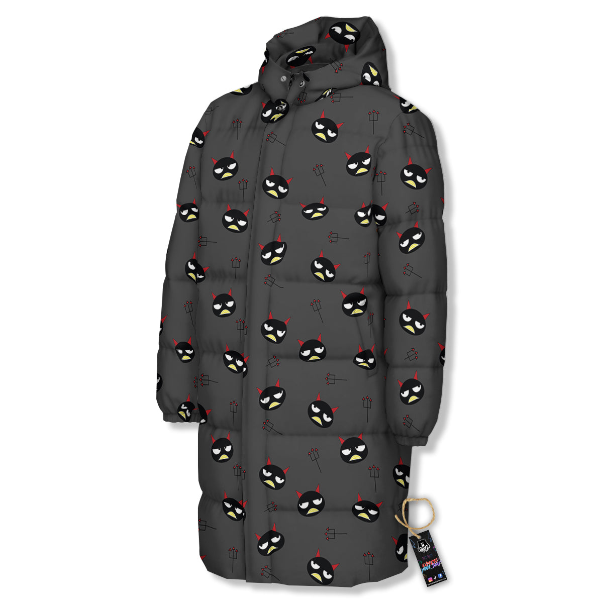 Black Demon Cartoon Print Pattern Long Down Jacket-grizzshop