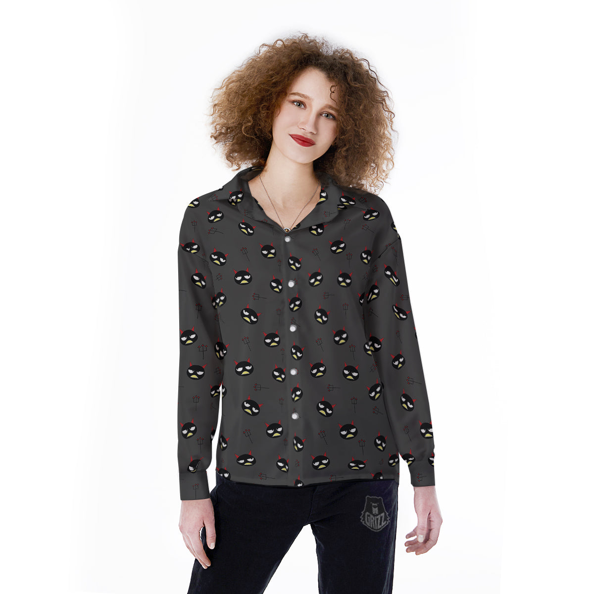 Black Demon Cartoon Print Pattern Women's Long Sleeve Shirts-grizzshop