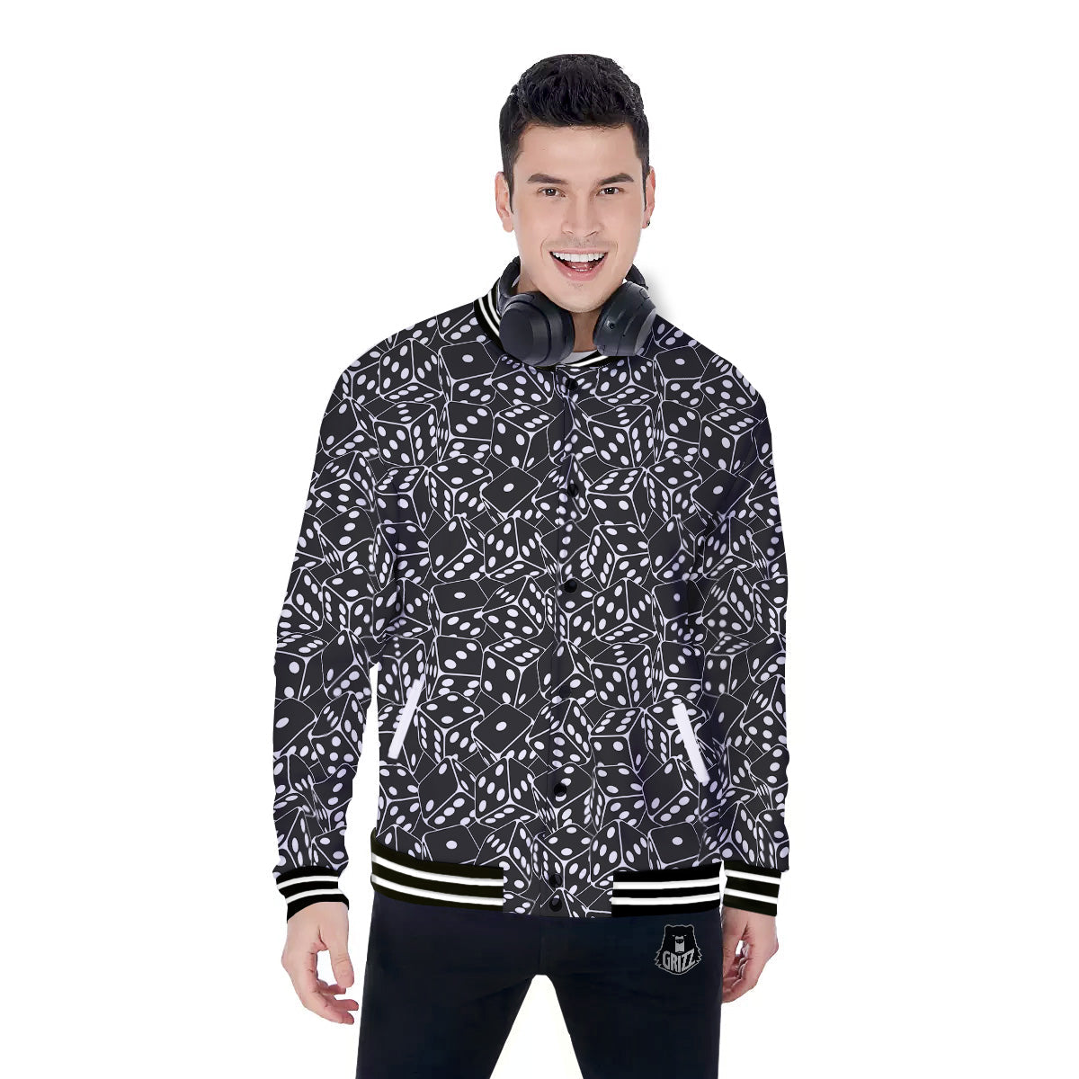 Black Dice Casino Print Pattern Baseball Jacket-grizzshop
