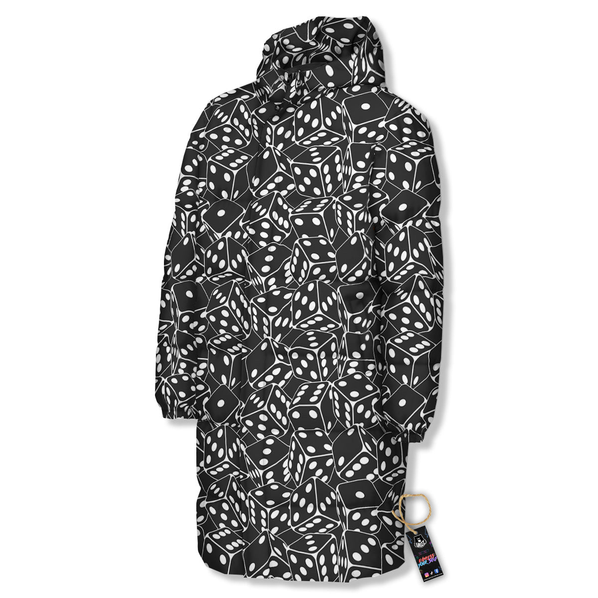 Black Dice Casino Print Pattern Long Down Jacket-grizzshop