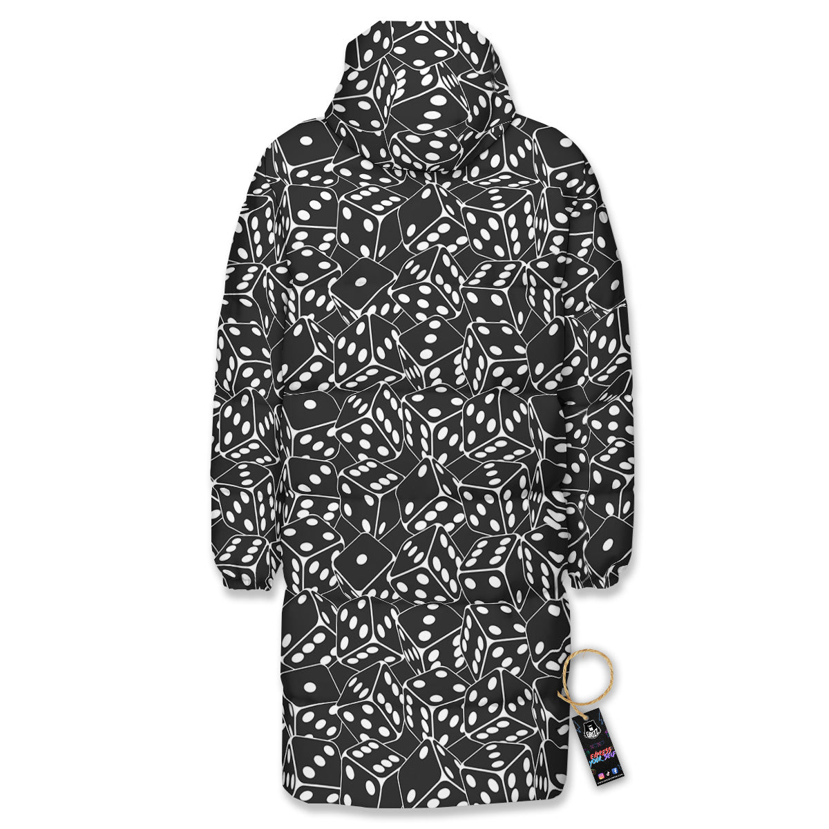 Black Dice Casino Print Pattern Long Down Jacket-grizzshop