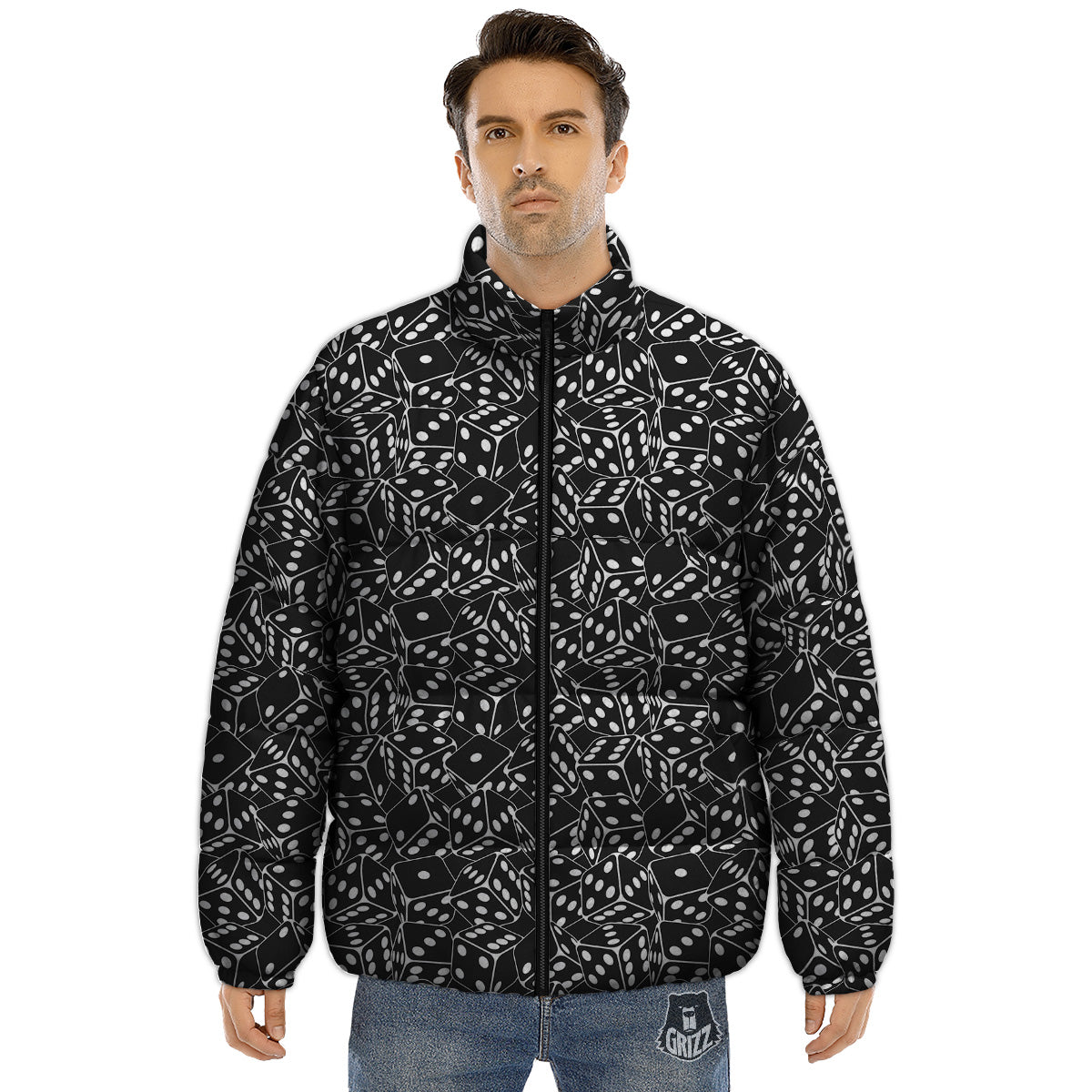 Black Dice Casino Print Pattern Puffer Jacket-grizzshop