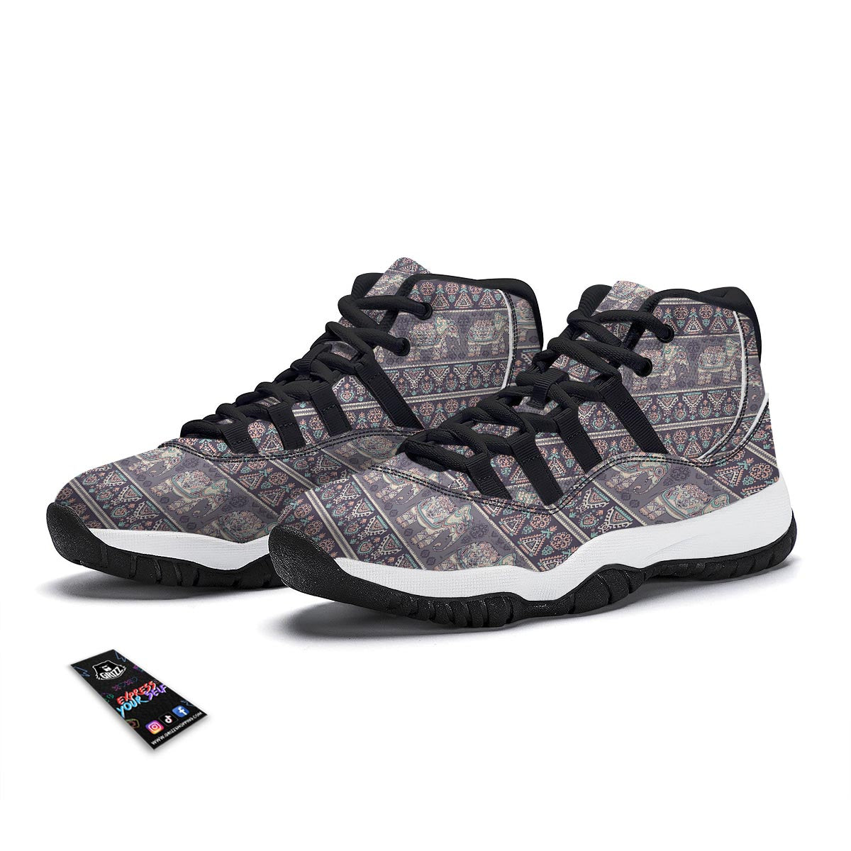 Black Elephant Aztec Pattern Prints Black Bball Shoes-grizzshop