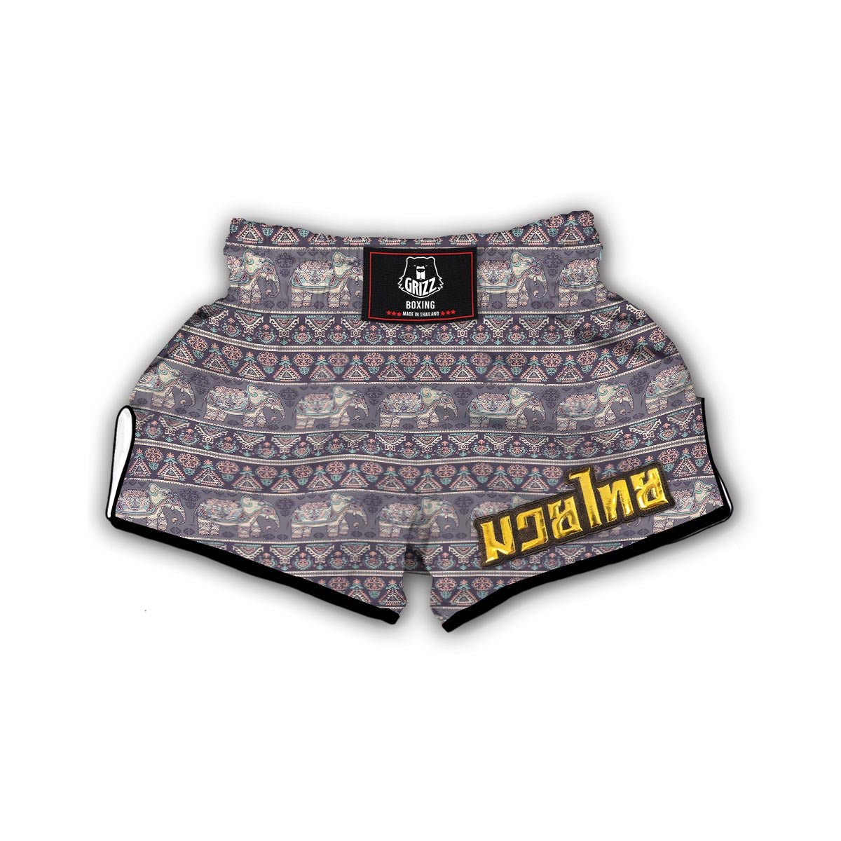 Black Elephant Aztec Pattern Prints Muay Thai Boxing Shorts-grizzshop