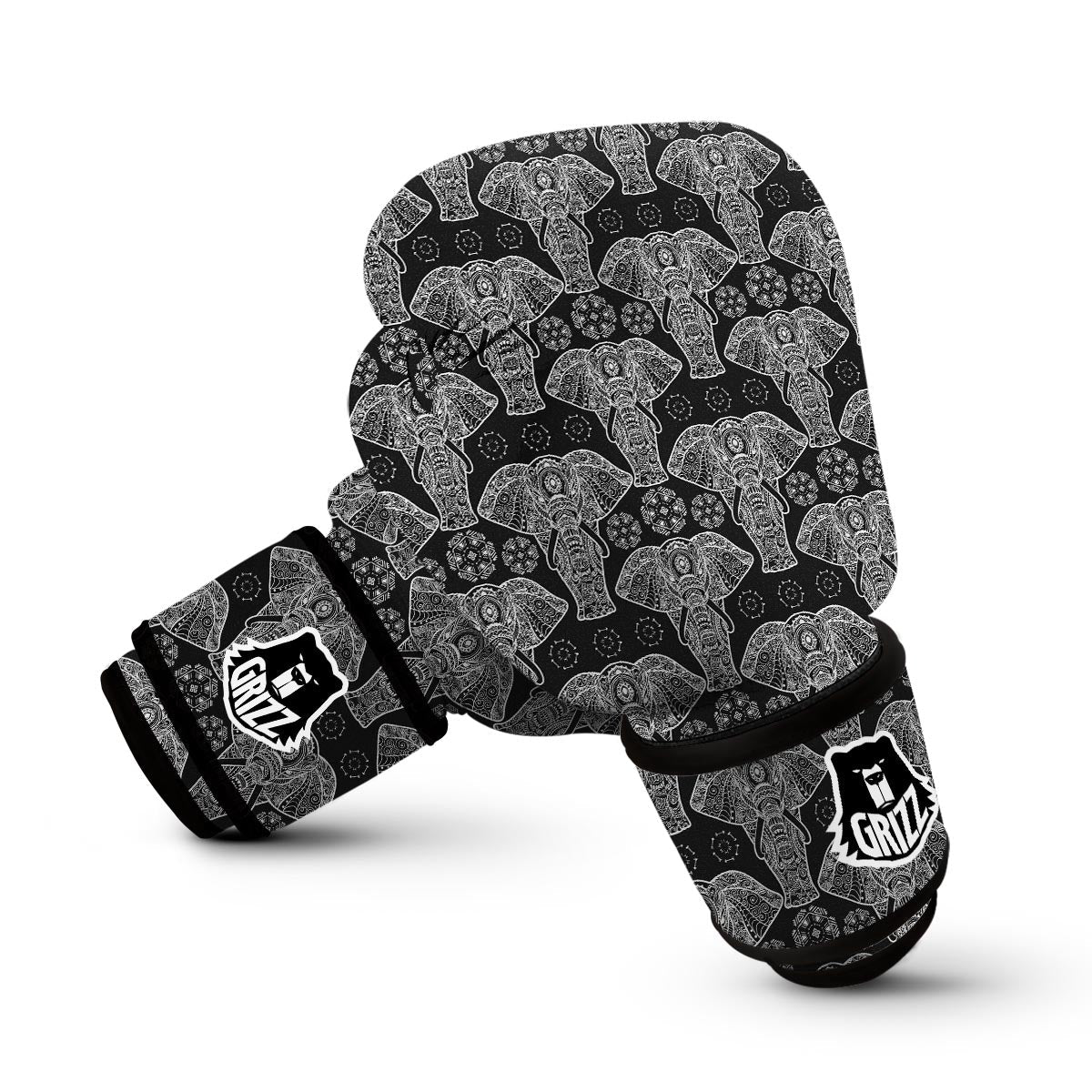 Black Elephant Mandala Print Boxing Gloves-grizzshop